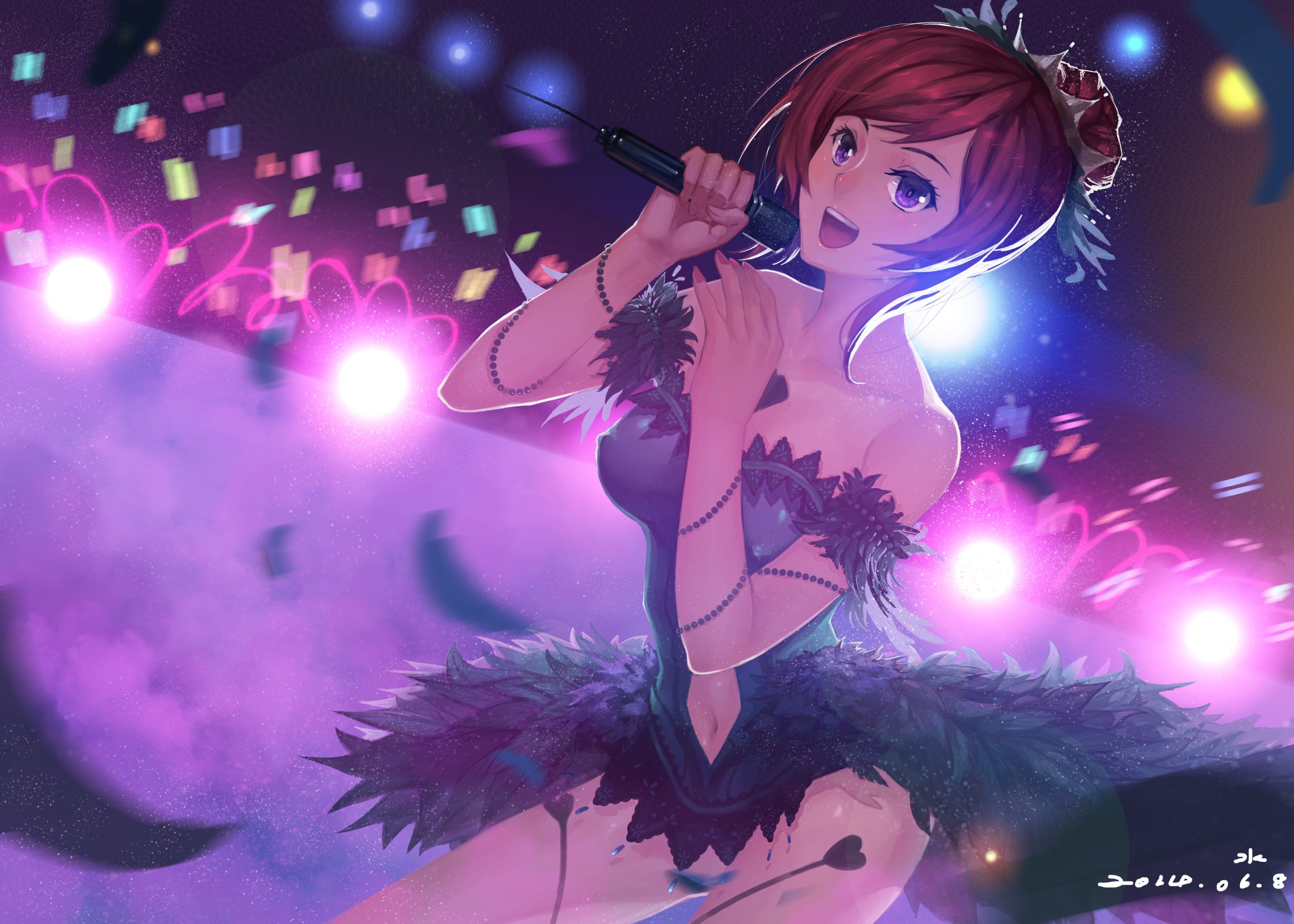 dress, Love, Live, School, Idol, Project, Microphone, Navel, Nishikino, Maki, Purple, Eyes, Red, Hair, Short, Hair, Shuizhanglang, Signed Wallpaper HD / Desktop and Mobile Background