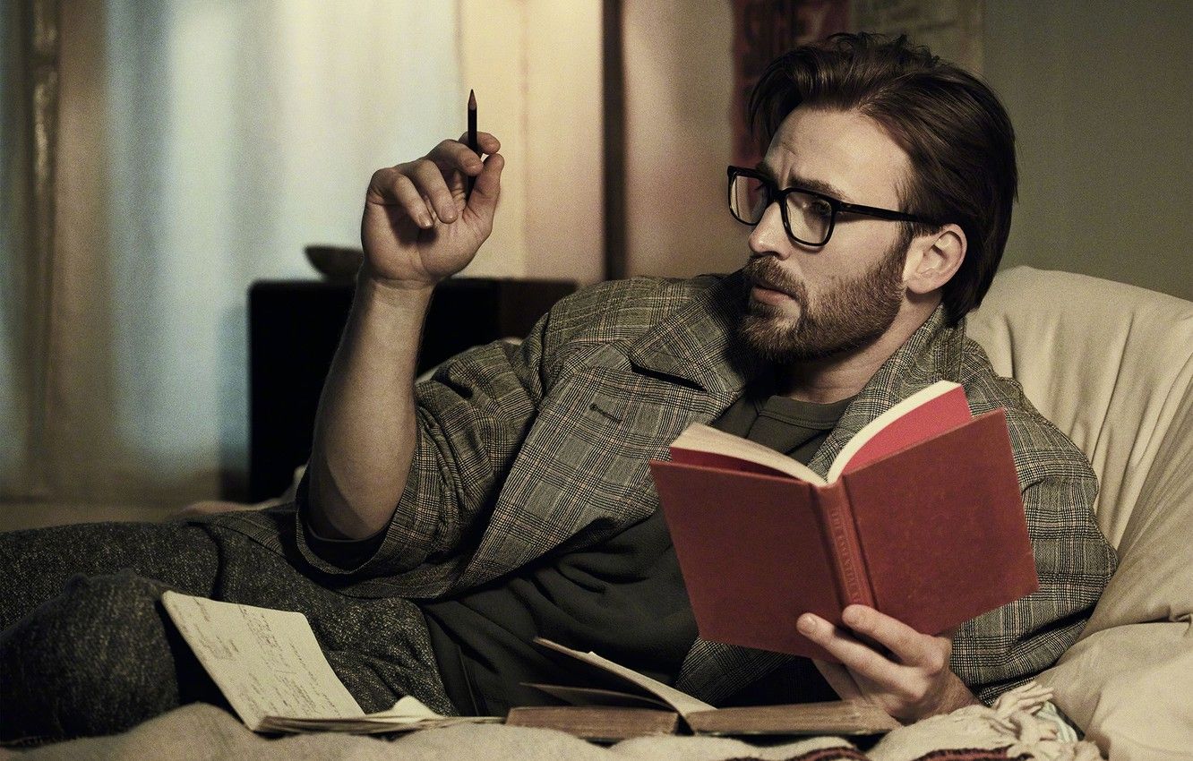 Wallpaper glasses, book, male, Chris Evans, For Esquire image for desktop, section мужчины
