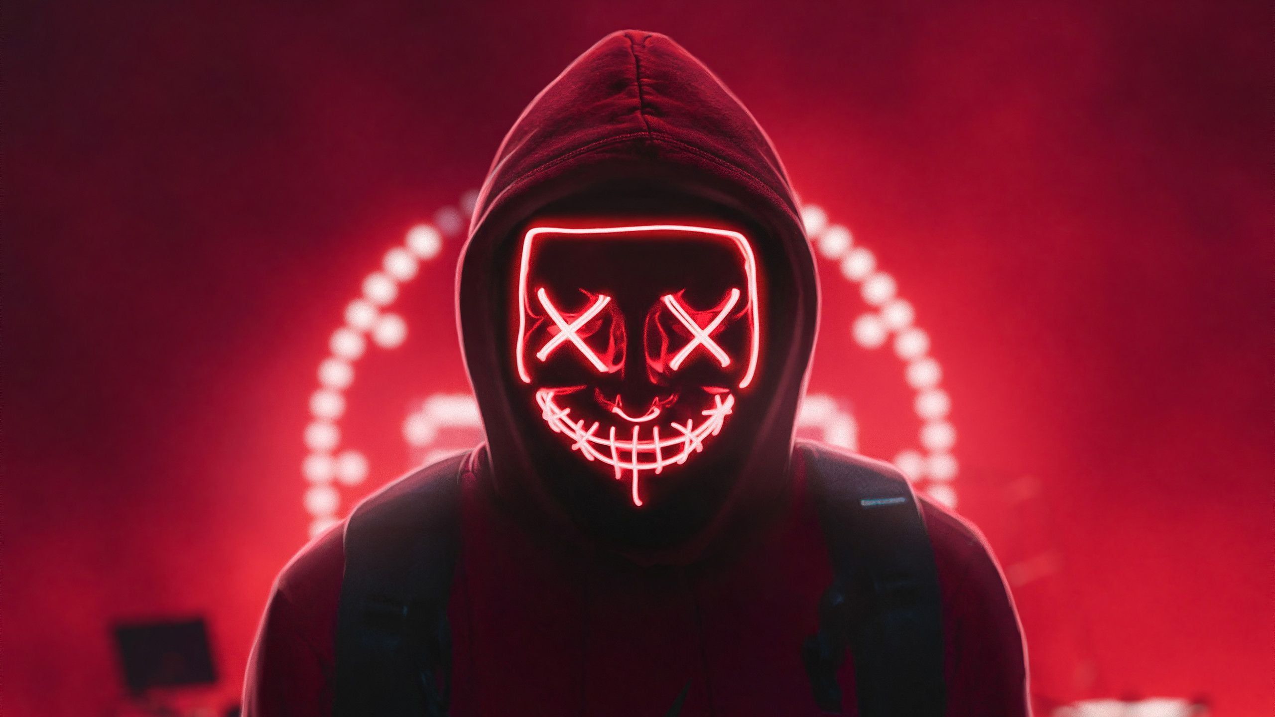 Red Neon Mask digital art creepy eyes.