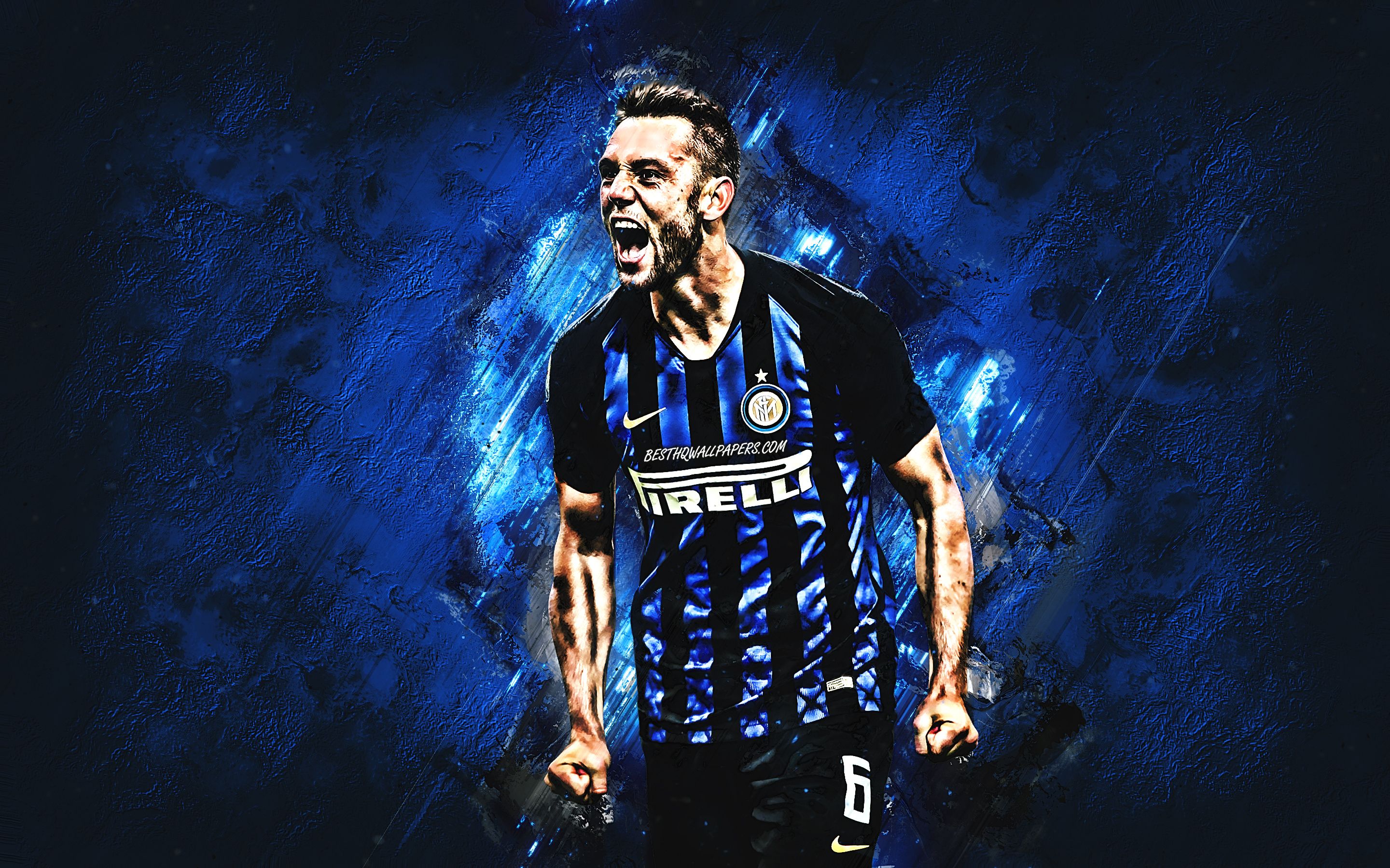 Download wallpaper Stefan de Vrij, Internazionale FC, defender, joy, yellow stone, famous footballers, football, Inter Milan FC, Dutch footballers, grunge, Serie A, Italy for desktop with resolution 2880x1800. High Quality HD picture