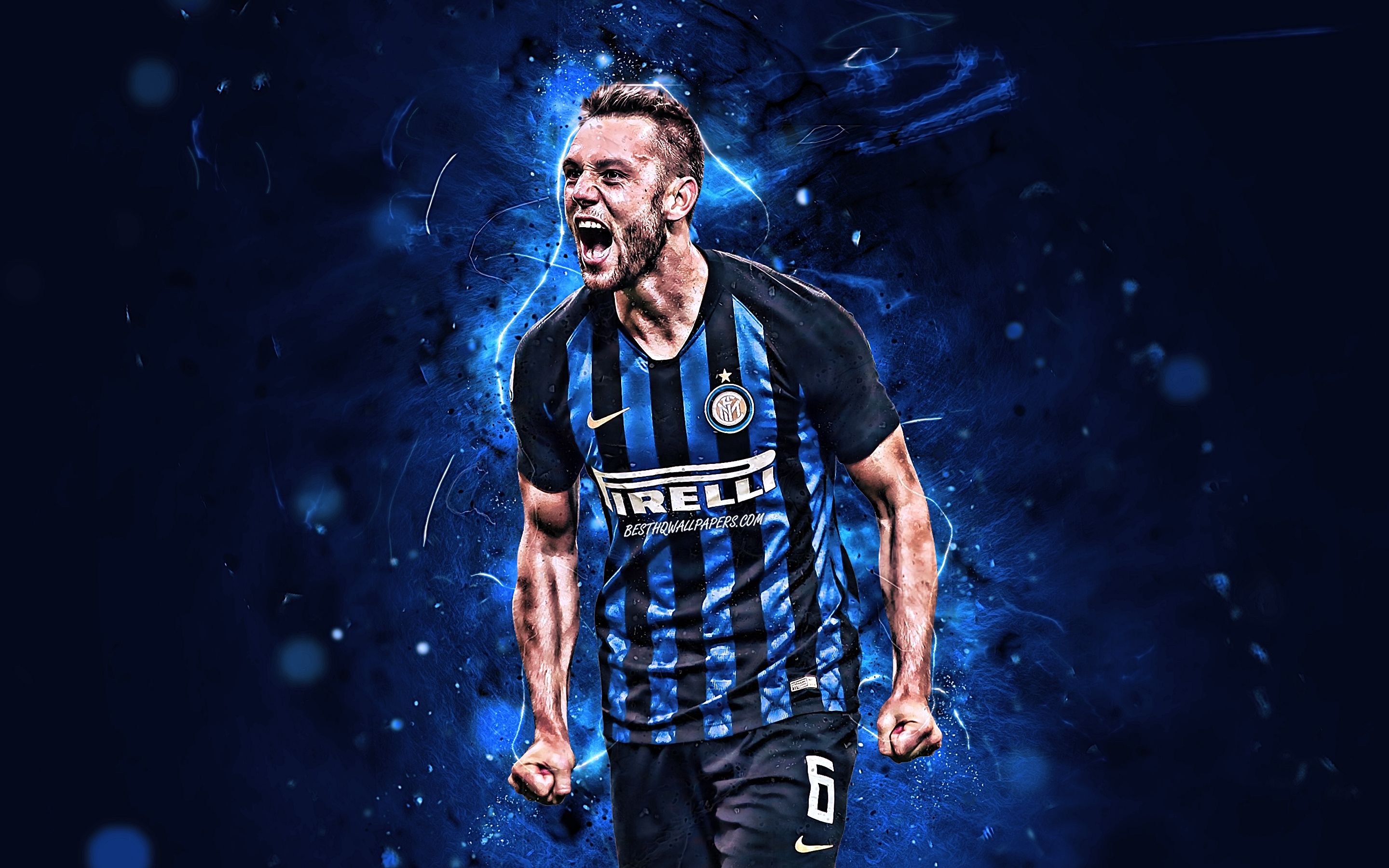 Download wallpaper Stefan de Vrij, goal, Italy, Internazionale, dutch footballers, Inter Milan FC, Serie A, De Vrij, Inter Milan, neon lights, soccer, italian football club, football for desktop with resolution 2880x1800. High