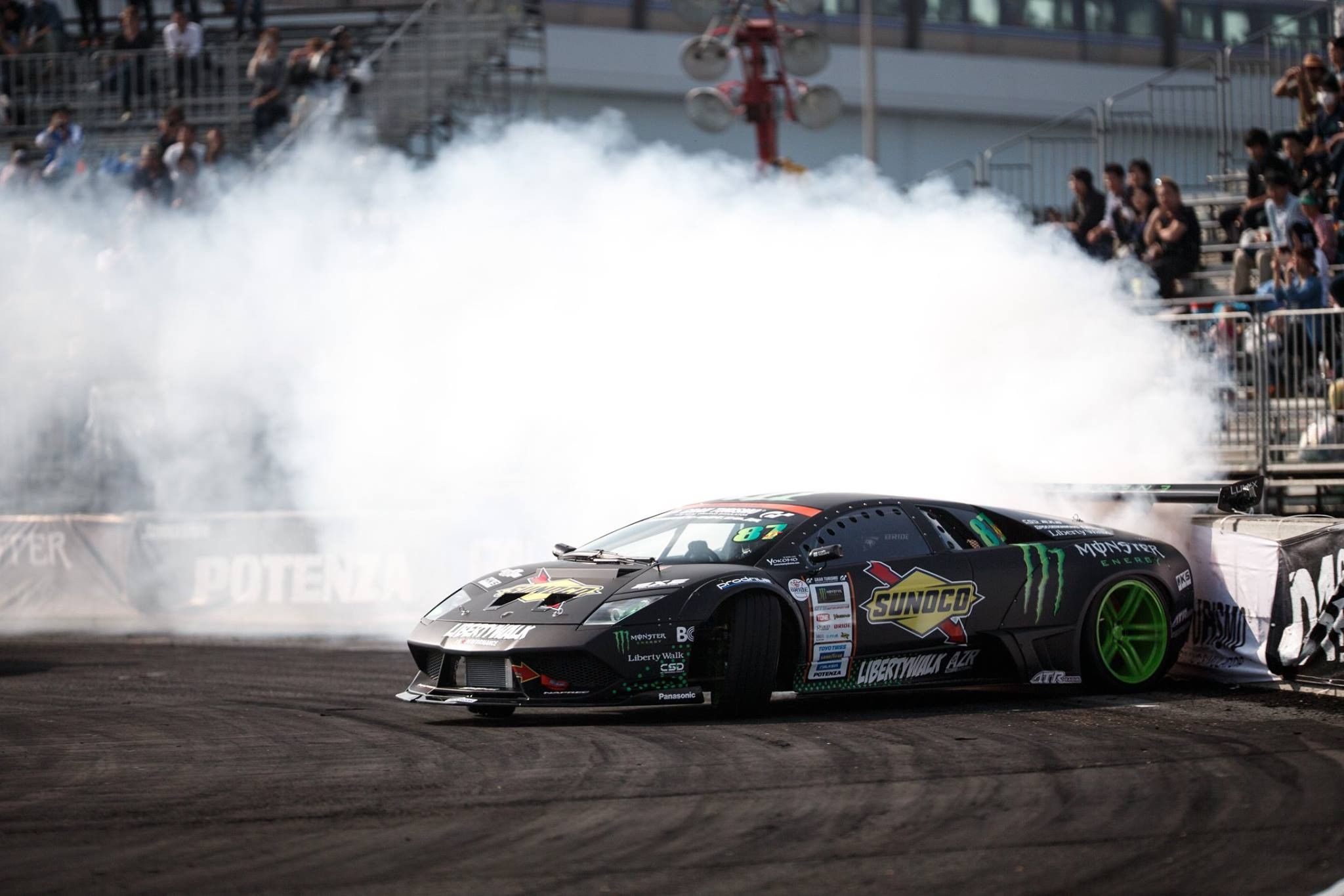 Wallpaper, race cars, smoke, supercars, Drifting, black cars, sports car, Lamborghini Murcielago, drift, Monster Energy, black paint, Daigo Saito, D1GP, audience, performance car, structure, supercar, motorsport, sport venue, land vehicle, automotive