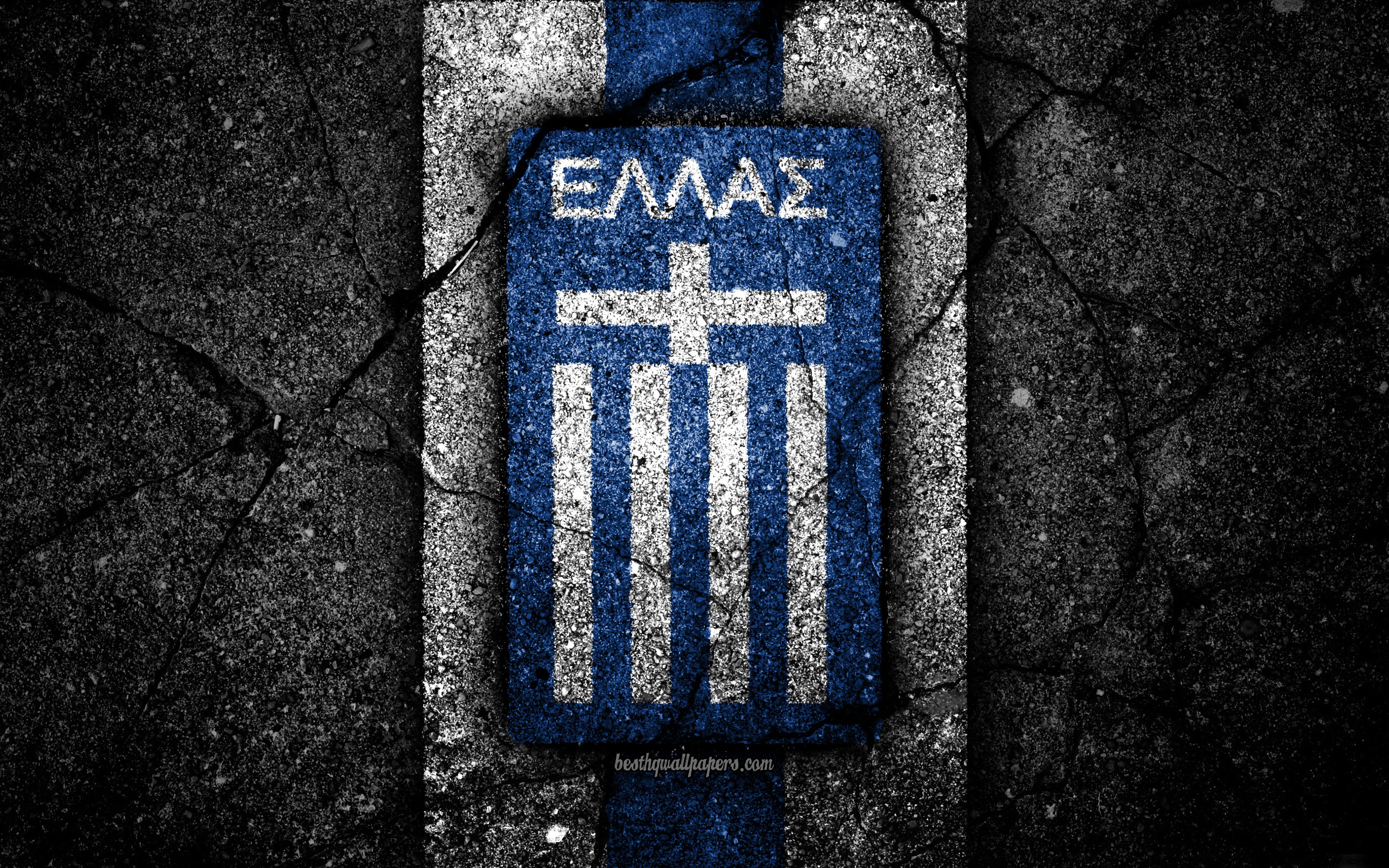 Download wallpaper Greek football team, 4k, emblem, UEFA, Europe, football, asphalt texture, soccer, Greece, European national football teams, Greece national football team for desktop with resolution 3840x2400. High Quality HD picture wallpaper