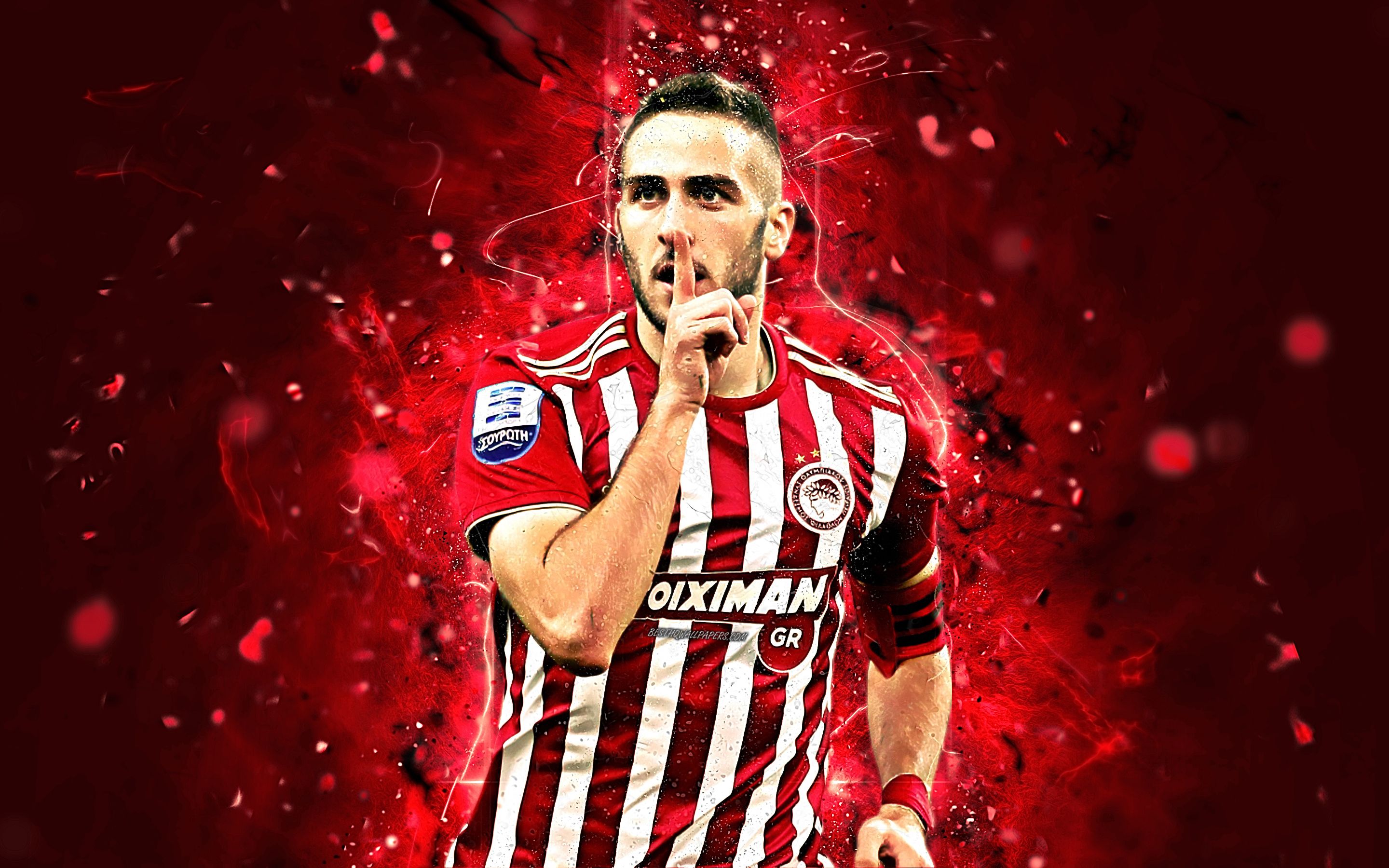 Download wallpaper Kostas Fortounis, abstract art, Greek footballers, Olympiacos FC, soccer, Fortounis, Greece Super League, football, neon lights for desktop with resolution 2880x1800. High Quality HD picture wallpaper