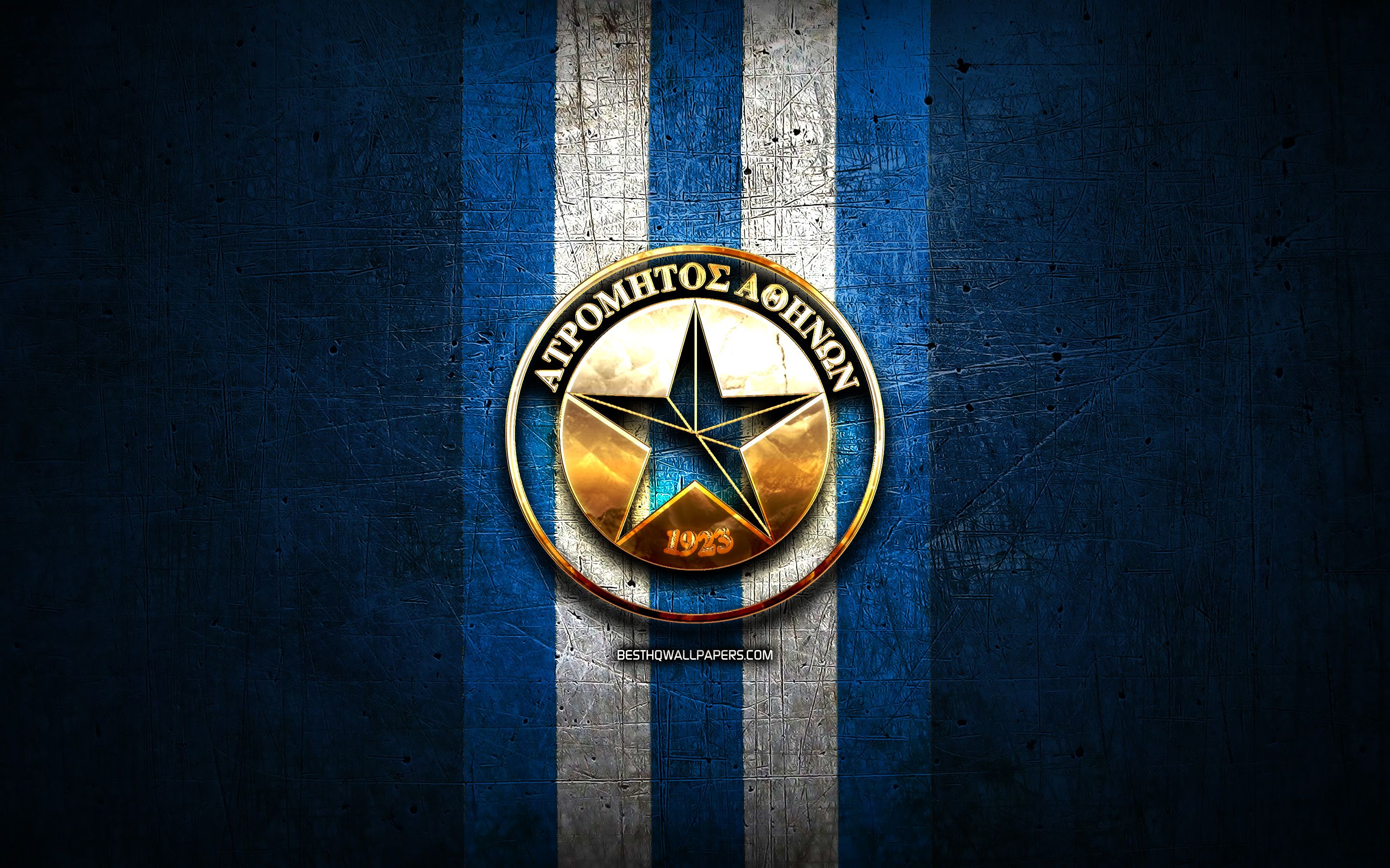 Download wallpaper Atromitos FC, golden logo, Super League Greece, blue metal background, football, FC Atromitos, greek football club, Atromitos logo, soccer, Greece for desktop with resolution 2880x1800. High Quality HD picture wallpaper