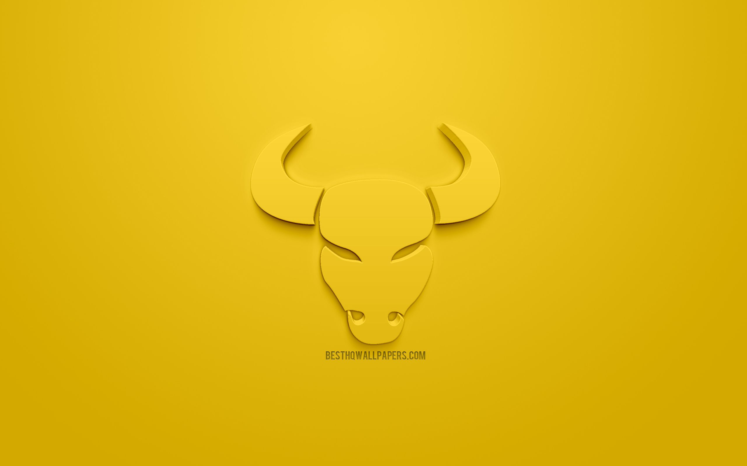 Download wallpaper Taurus zodiac sign, Taurus Horoscope sign, 3D zodiac signs, astrology, Taurus, 3D astrological sign, yellow background, creative 3D art for desktop with resolution 2560x1600. High Quality HD picture wallpaper