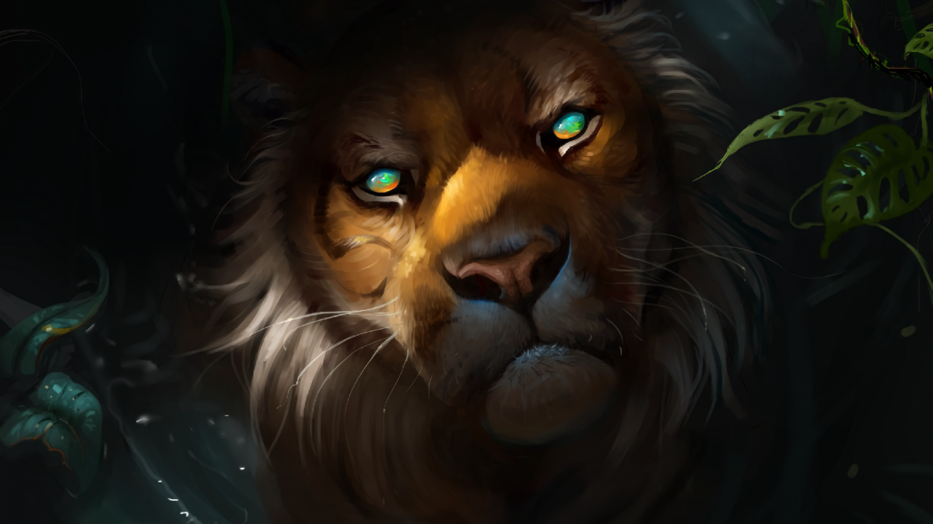 Desktop wallpaper lion, muzzle, predator, glwoing eyes, art, HD image, picture, background, f1b5b0