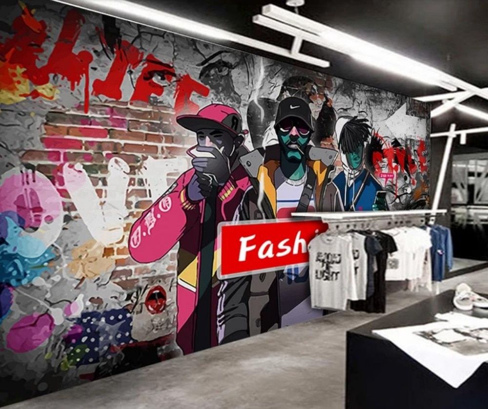 Custom wallpaper hand painted personality street fashion doodle hip hop clothing store tooling background wall painting. Wallpaper
