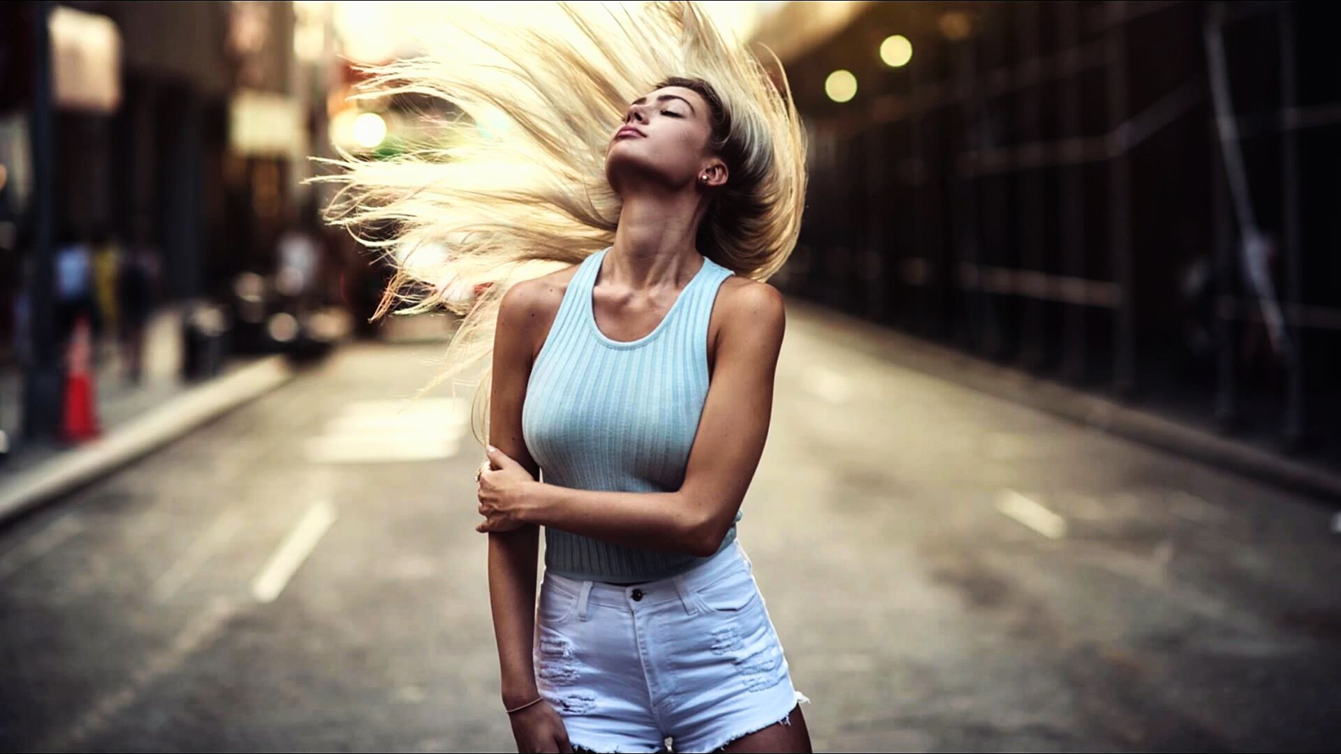 Wallpaper, blond hair, longhair, model, white, shirt, shorts, street art, 35PHOTO, fashion photography, portrait, closed eyes, dancer, women outdoors, city, lipstick, sunlight, Moscow, people 1920x1080