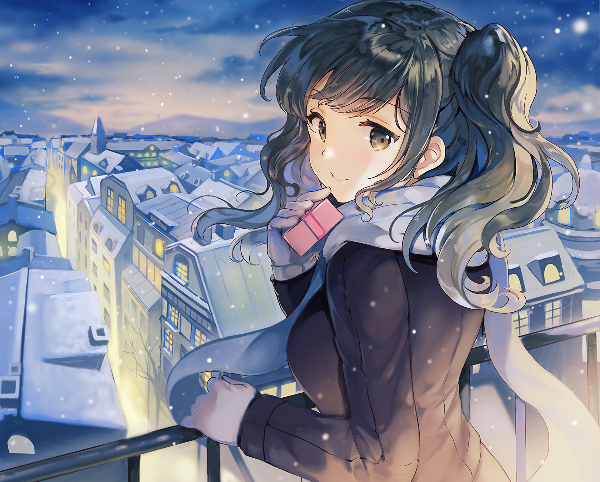 Wallpaper, anime girls, original characters, winter, cold, looking at viewer, gift, brunette, long hair, smiling, cityscape, sky, artwork, mountains 1920x1543