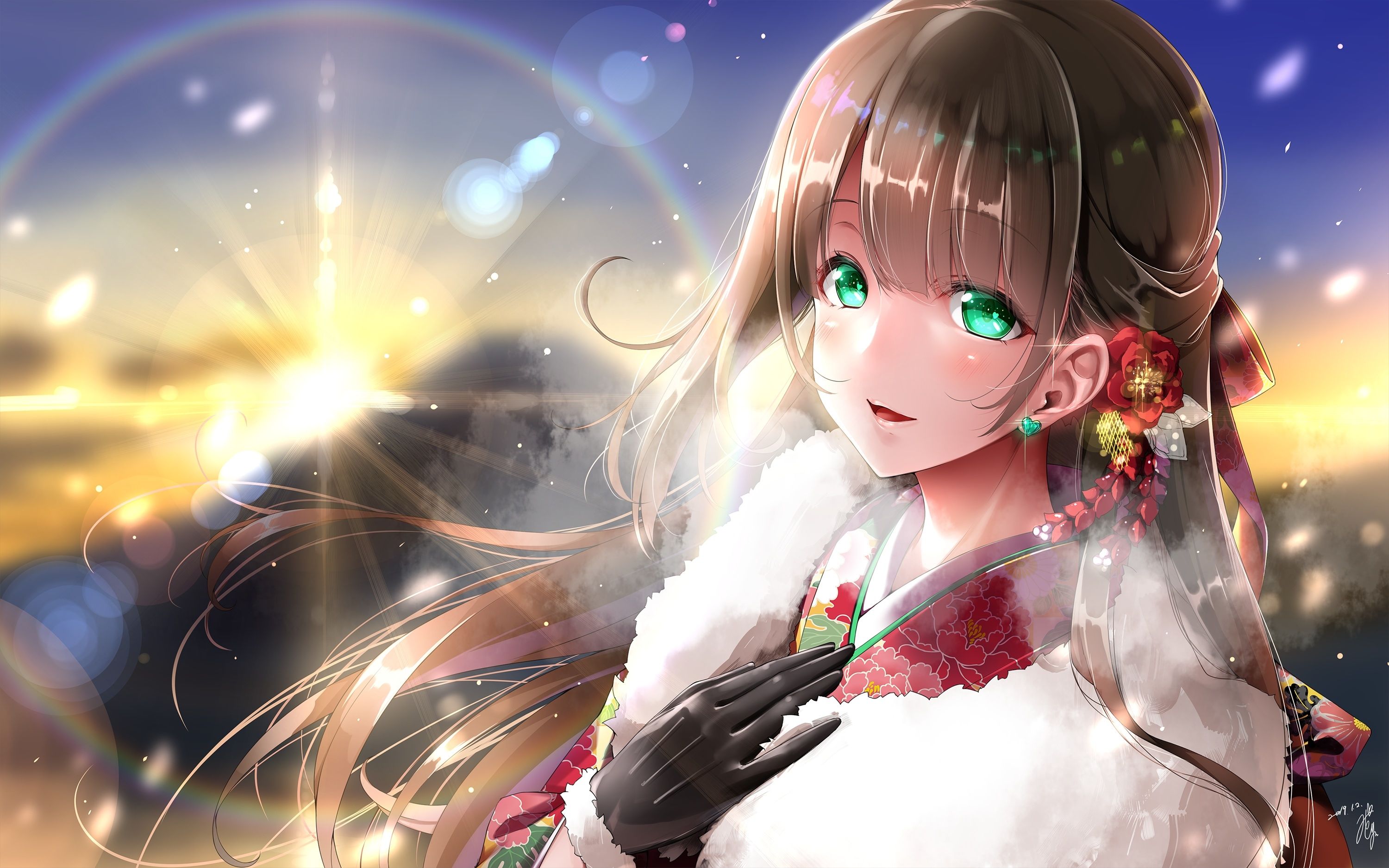 Download 3000x1875 Pretty Anime Girl, Green Eyes, Jewelry, Gloves, Cold, Winter, Sunrise Wallpaper