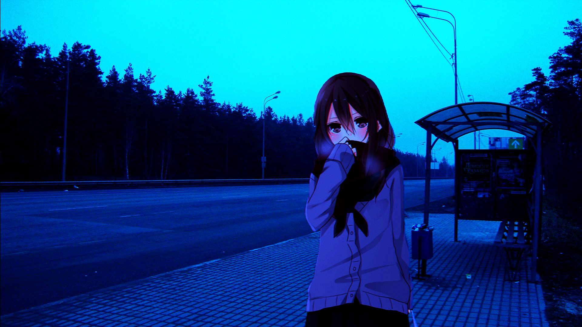 Wallpaper, anime irl, anime girls, bus stop, cold, empty, Russia 1920x1080
