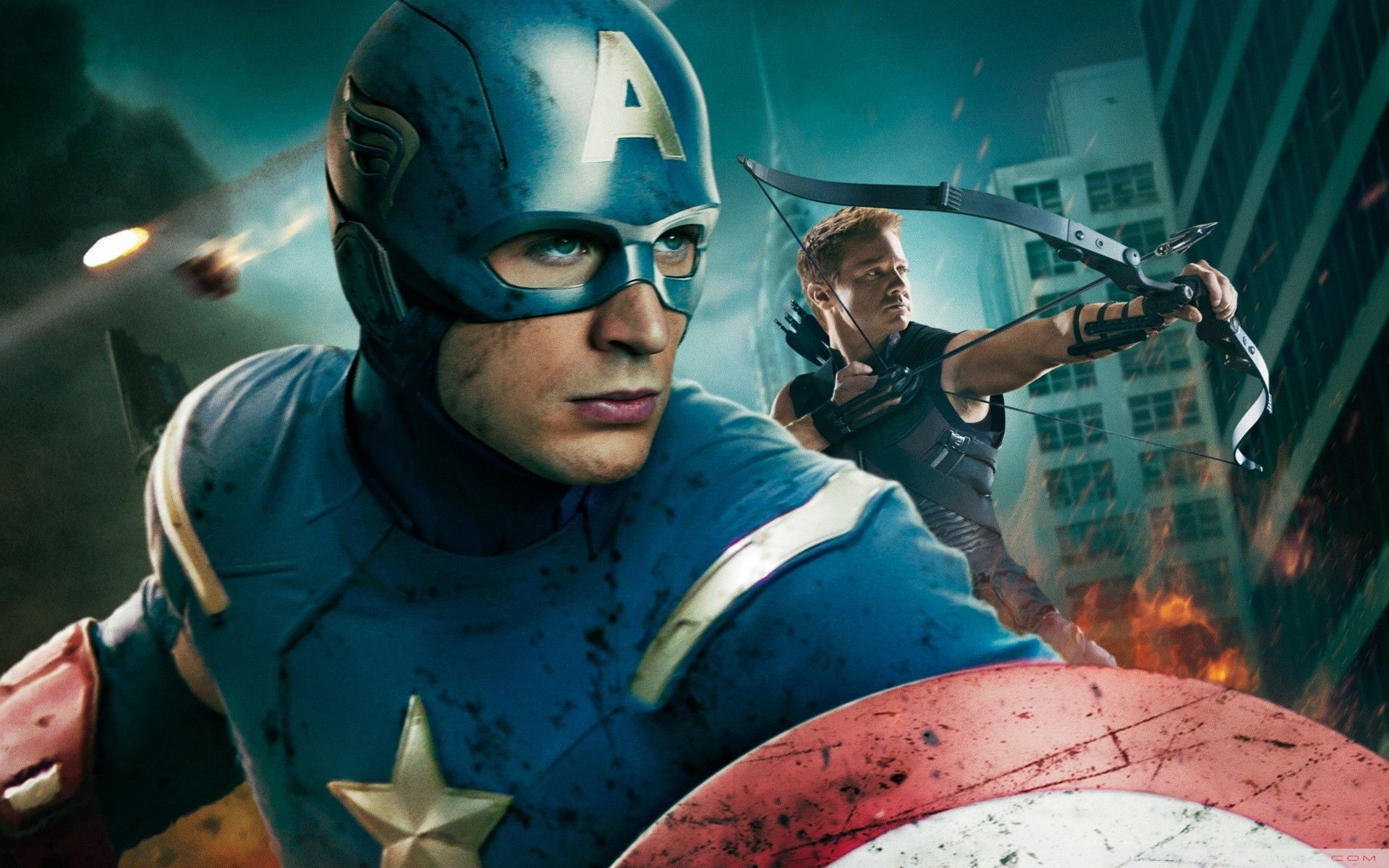 movies, Captain, America, Hawkeye, Chris, Evans, Clint, Barton, Jeremy, Renner, The, Avengers, movie, Bow, weapon Wallpaper HD / Desktop and Mobile Background