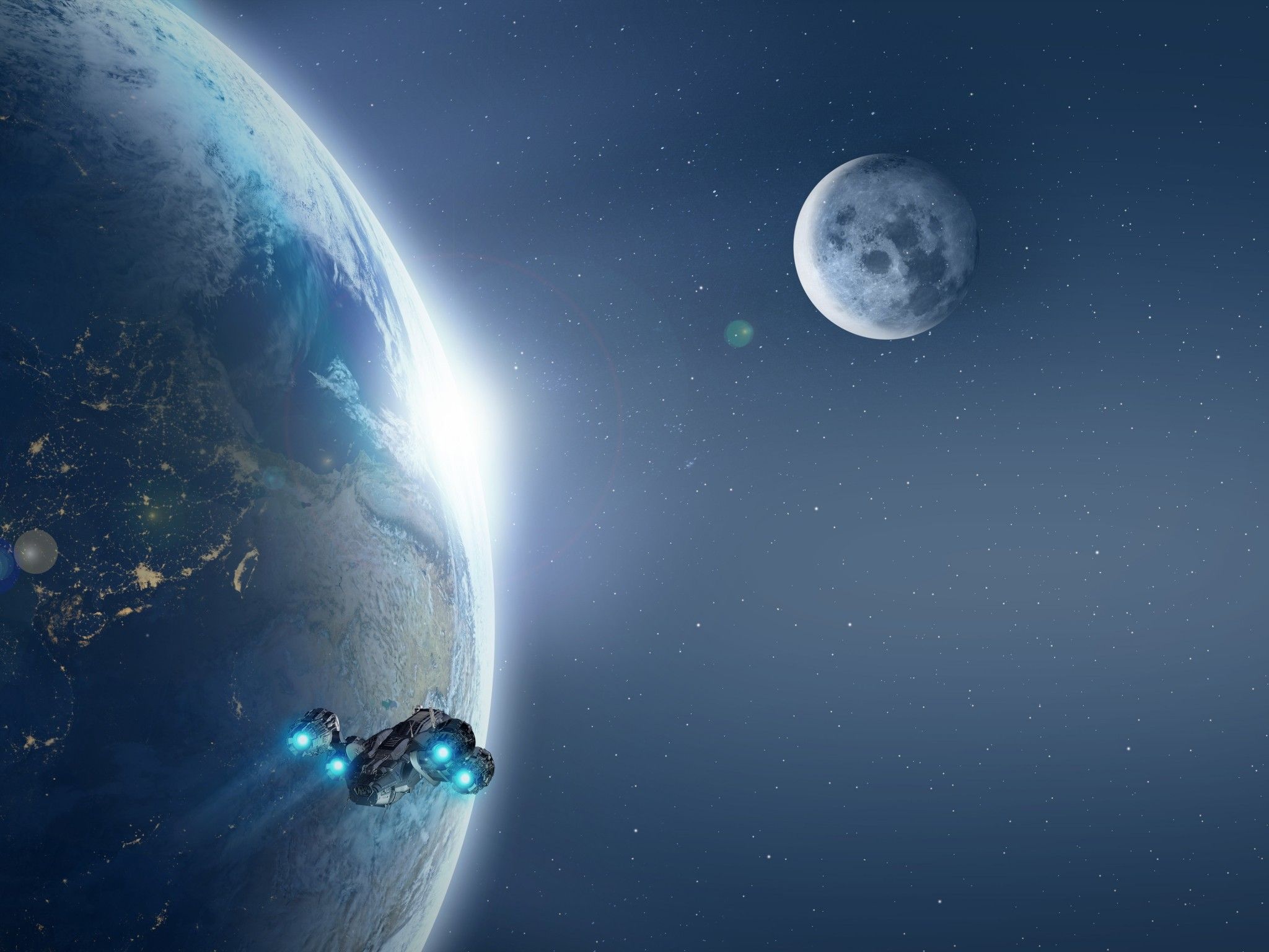 Spaceship 4K Wallpaper, Earth, Moon, Planets, Stars, Blue, 5K, Space