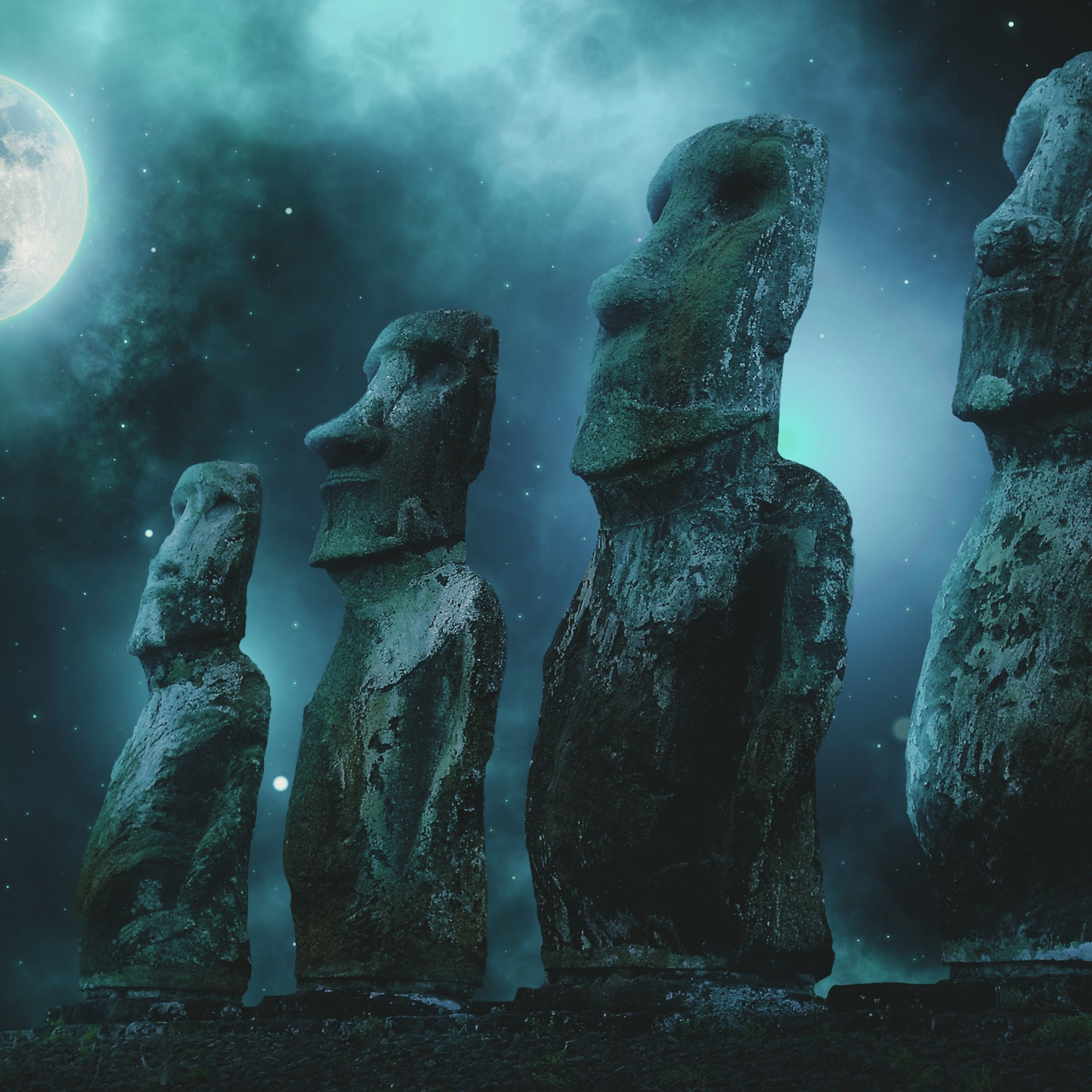 Moai statues 4K Wallpaper, Easter Island, Full moon, Stars, Night sky, 5K, 8K, World
