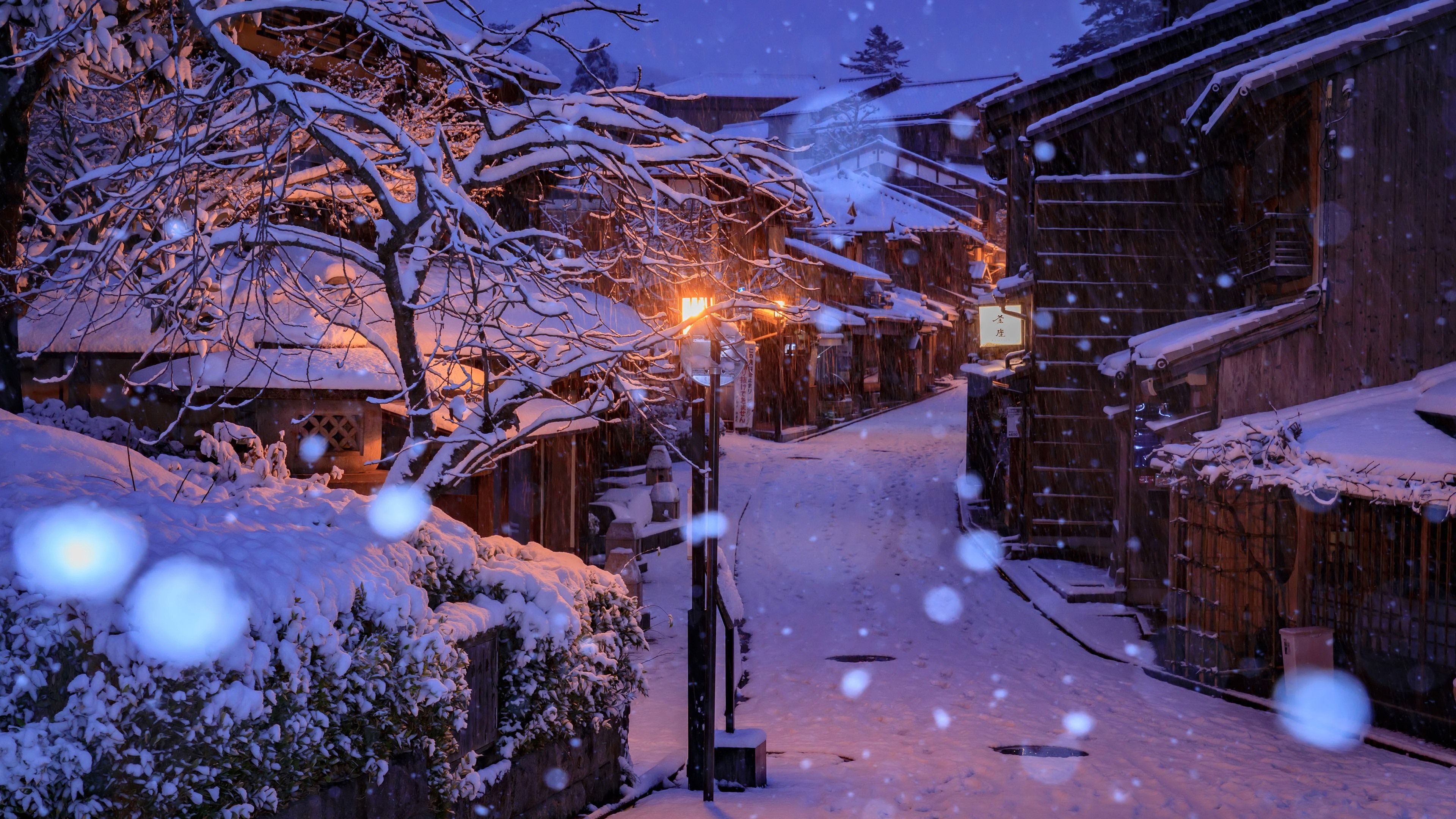 Wallpaper Japan, Kyoto, houses, snow, trees, night, lights 3840x2160 UHD 4K Picture, Image