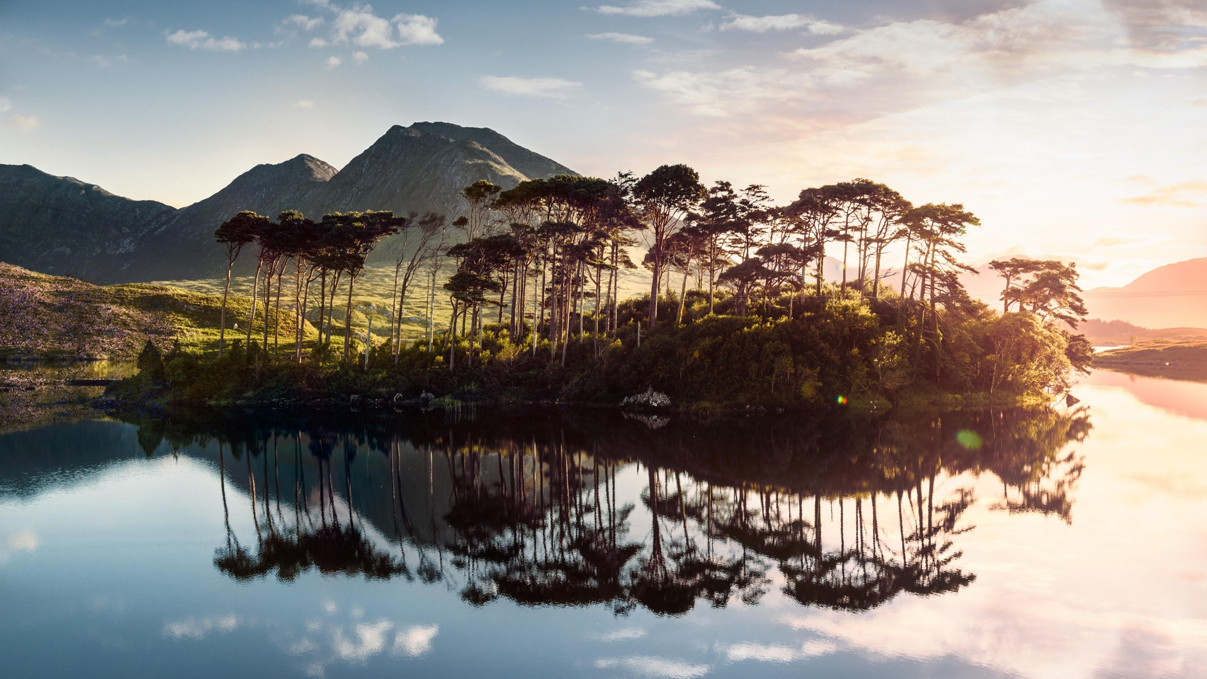 Wallpaper Ireland, lake, mountains, tree, sunrise, 4k, Nature