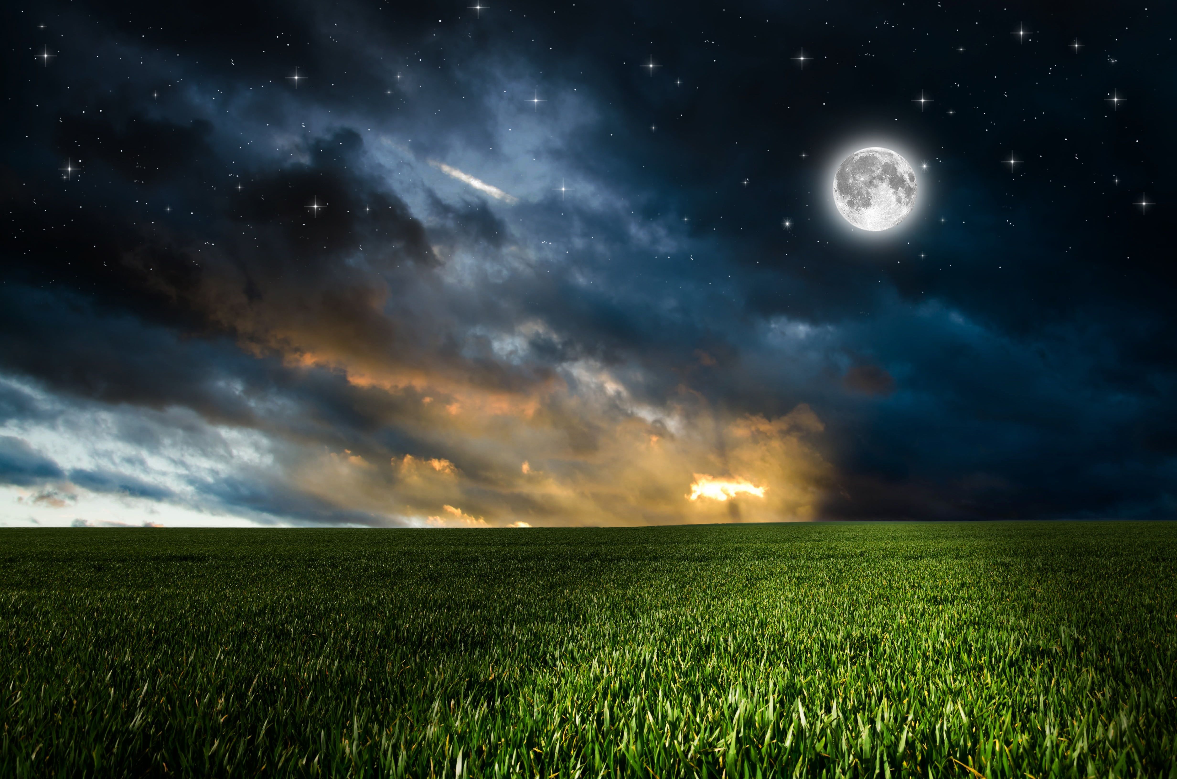 green grass field and full moon #greens #field the sky #grass #clouds #night the moon #photoshop #stars K #wallpaper. Scenery, Landscape, Mountain illustration