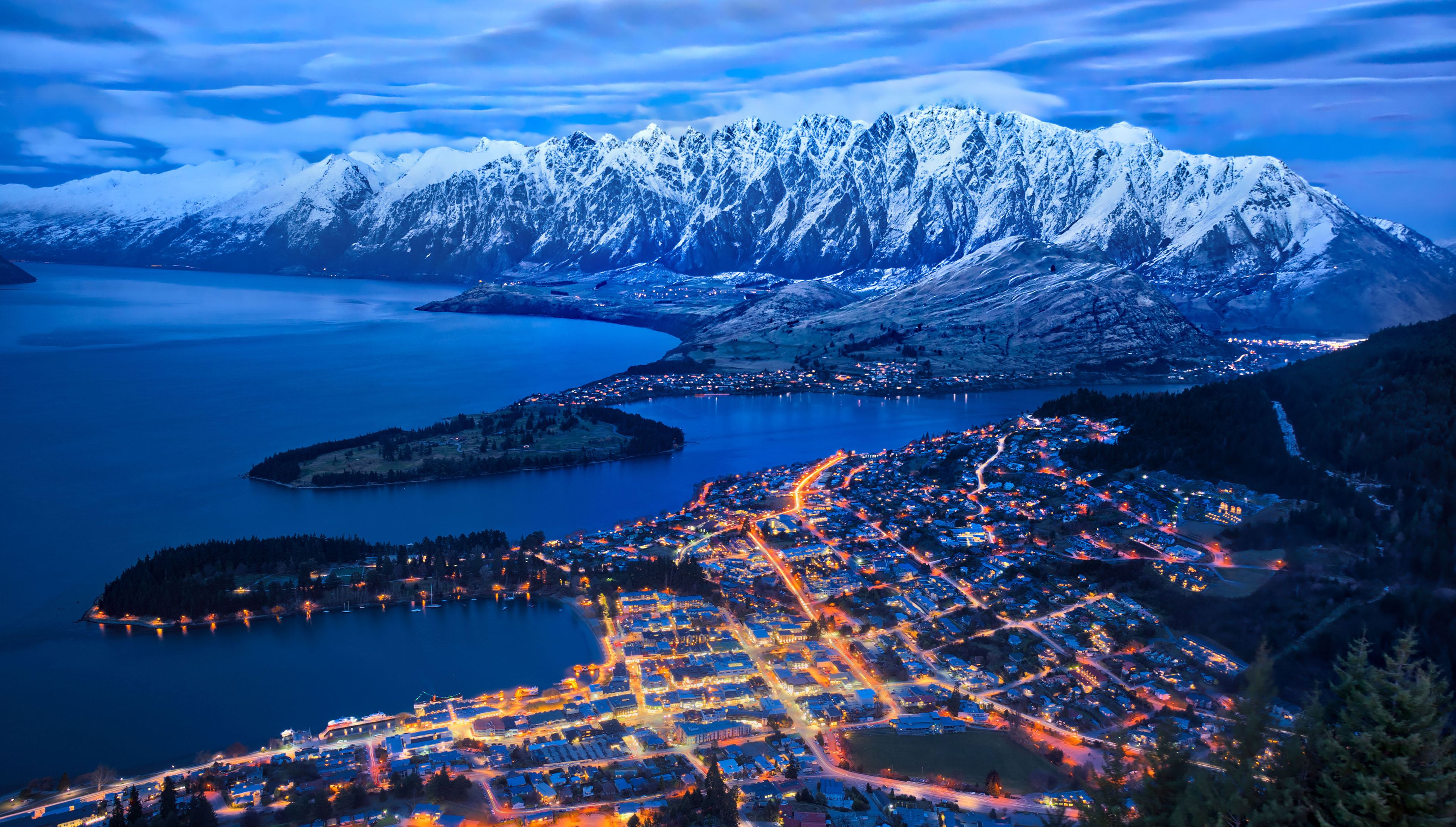 New Zealand, Snow mountains, Cityscape, Night lights, Blue Sky, Clouds, 4k Free deskk wallpaper, Ultra HD