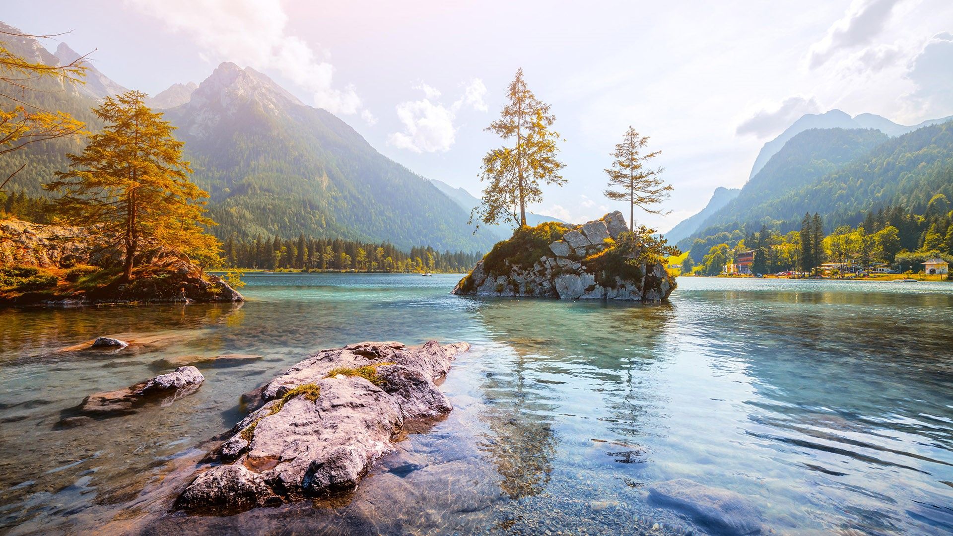 Wallpaper, forest, nature, landscape, summer, mountains, valley, rocks, water ripples, Germany, Lake Hintersee 1920x1080