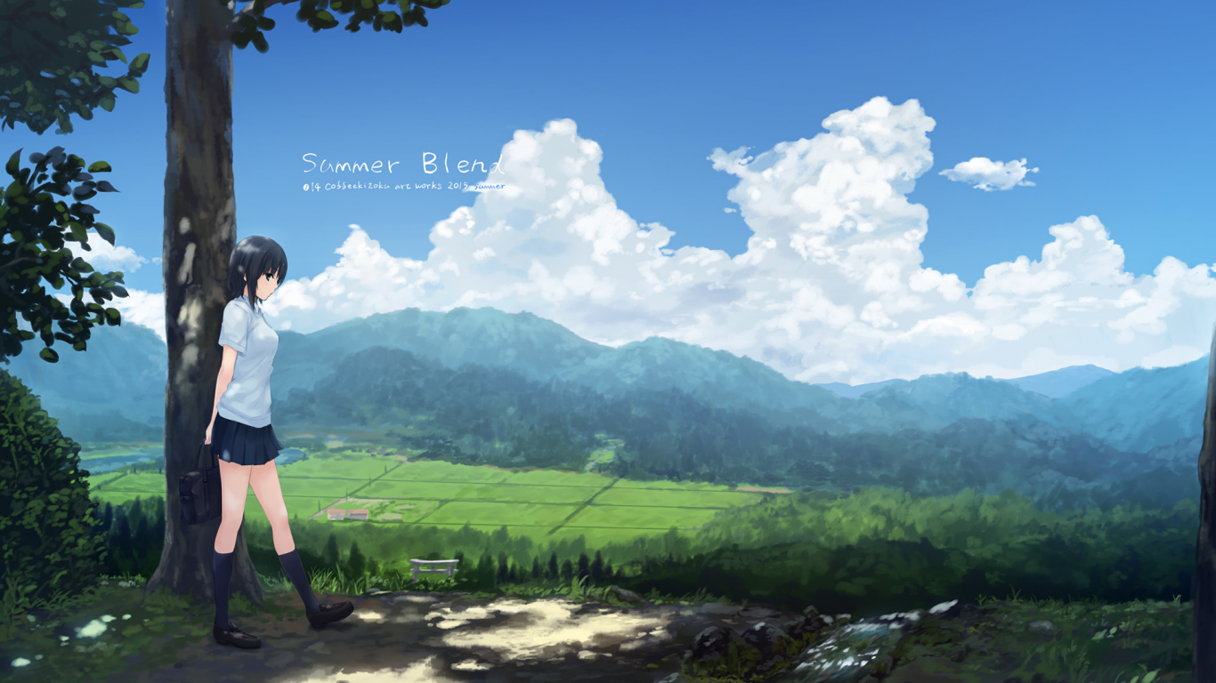 Download 1366x768 Anime Landscape, Scenic, Girl, Summer Blend, Sky, Clouds, Field Wallpaper for Laptop, Notebook