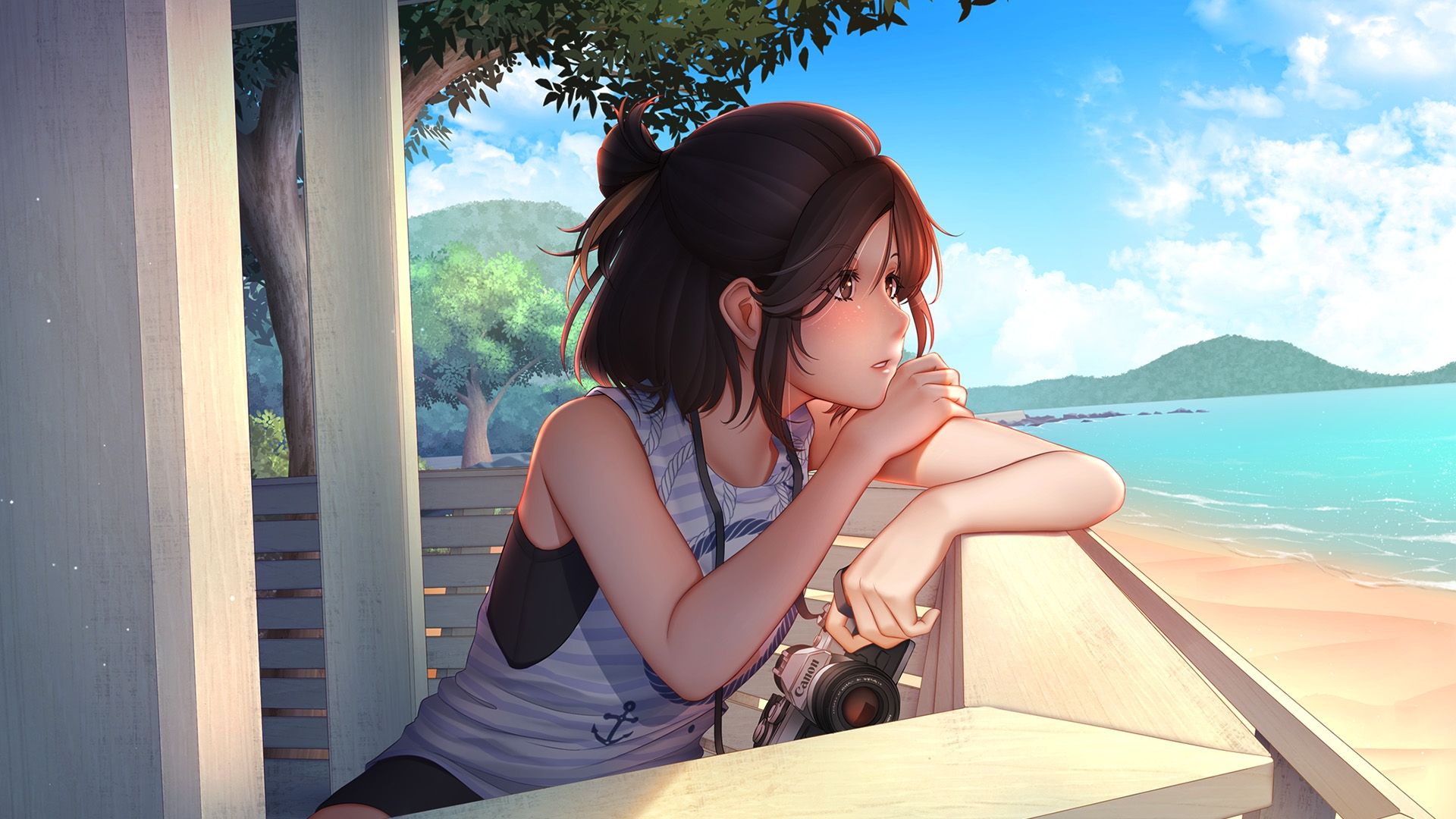 Download 1920x1080 Anime Girl, Summer, Cannon, Looking Away, Semi Realistic, Beach, Sky, Profile View Wallpaper for Widescreen