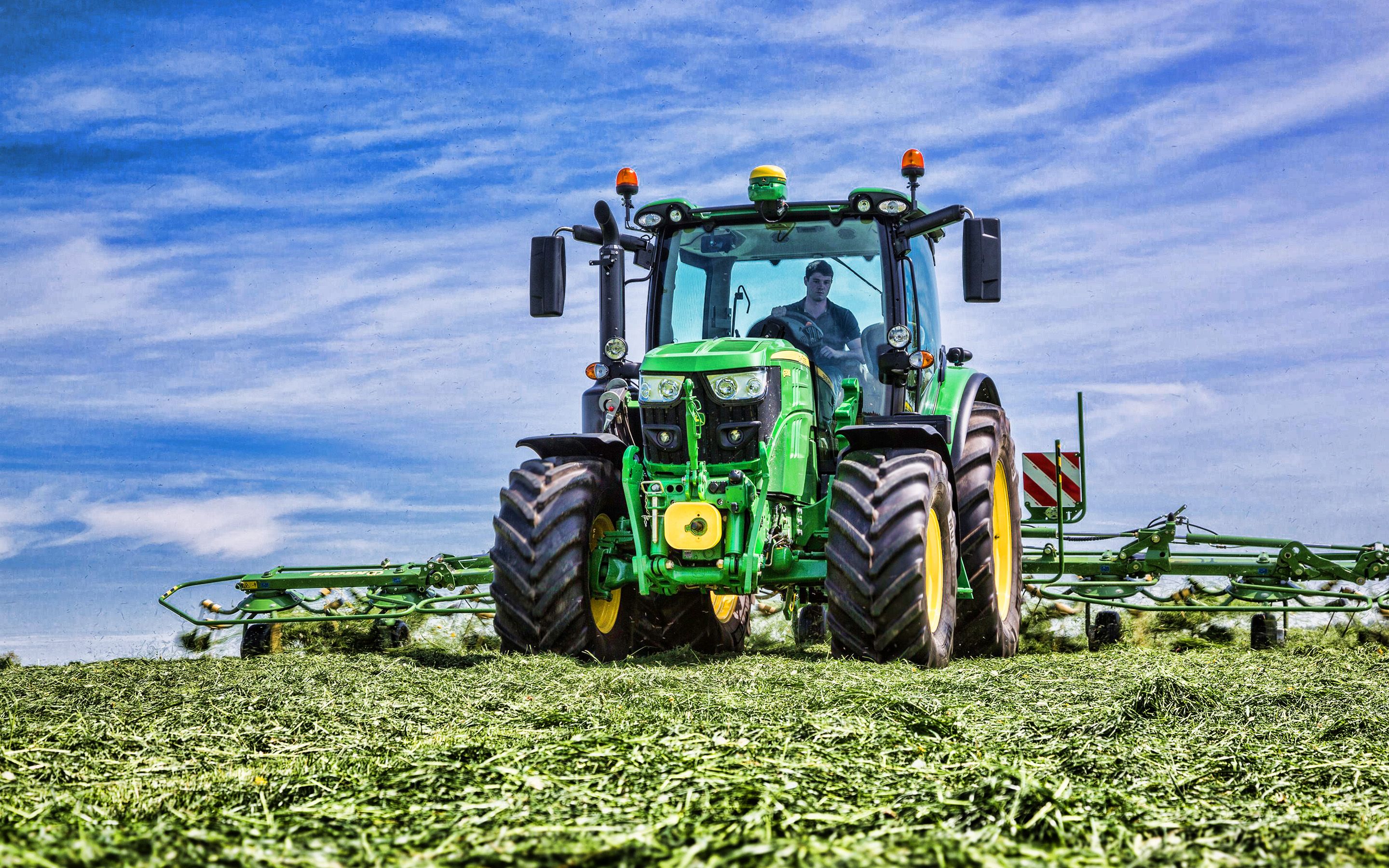 Download wallpaper John Deere 6130R, HDR, summer, 2020 tractors, agricultural machinery, harvest, green tractor, picking grass, agriculture, John Deere for desktop with resolution 2880x1800. High Quality HD picture wallpaper