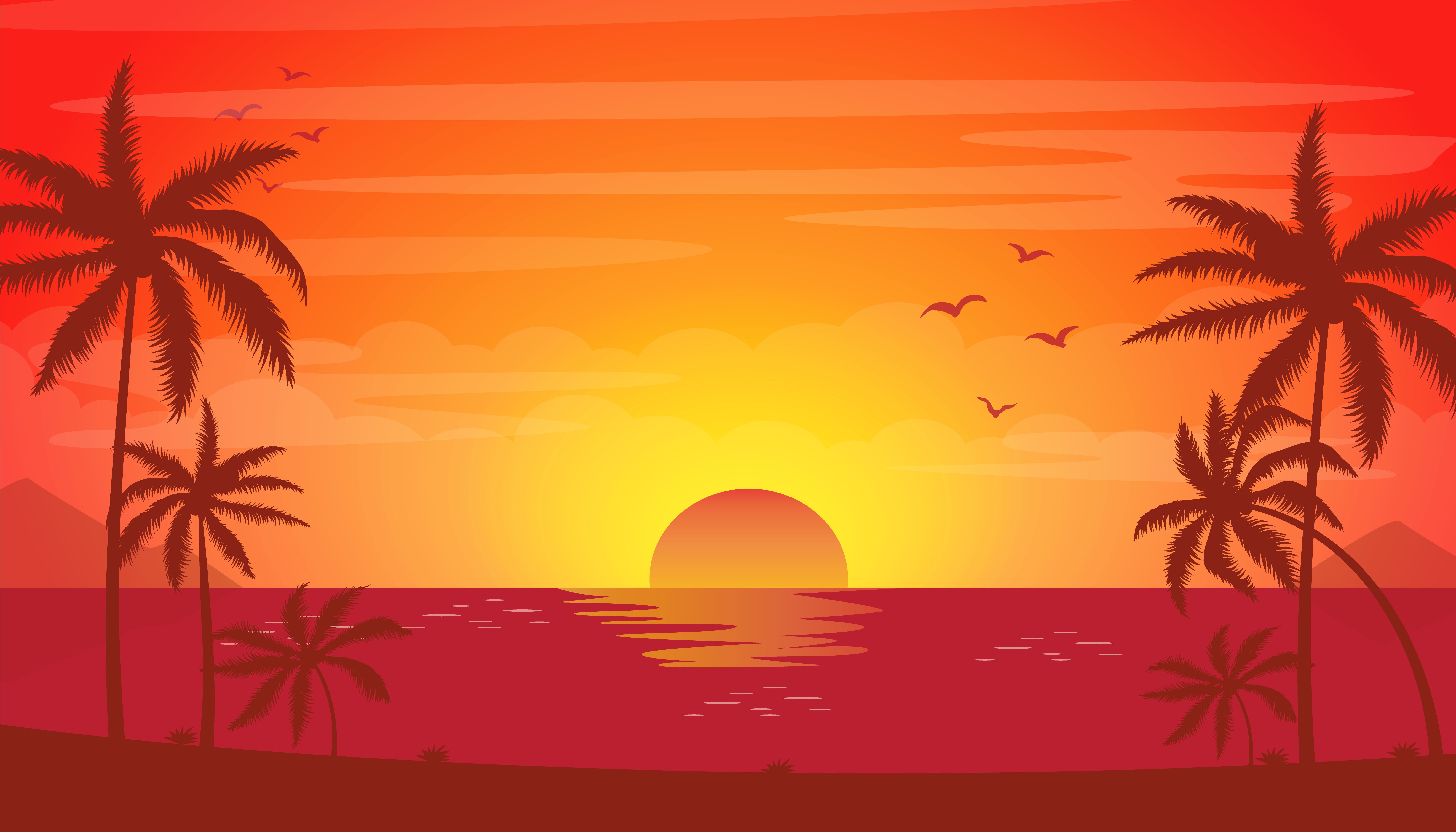 Free Image, sunshine, sky, sunset, orange, palm tree, sunrise, computer wallpaper, arecales, afterglow, calm, dawn, illustration, sun 8192x4681 Boss