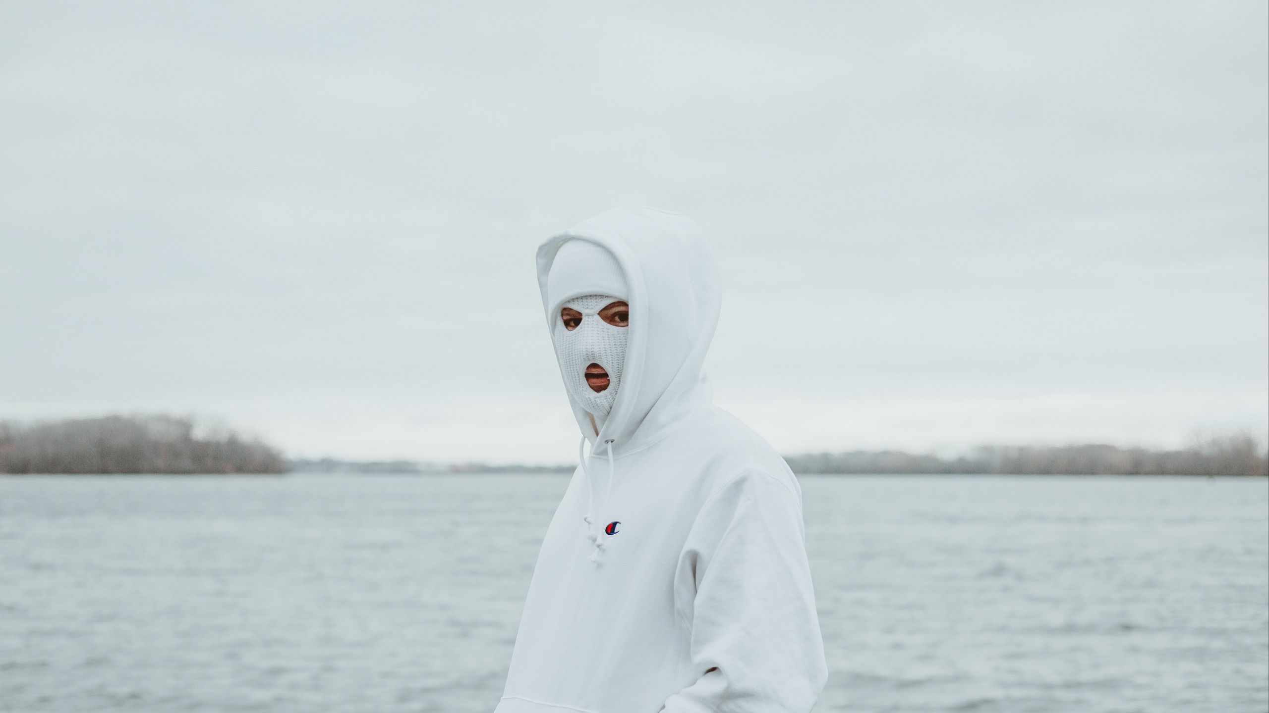 Download wallpaper 2560x1440 mask, balaclava, hood, white widescreen 16:9 HD background