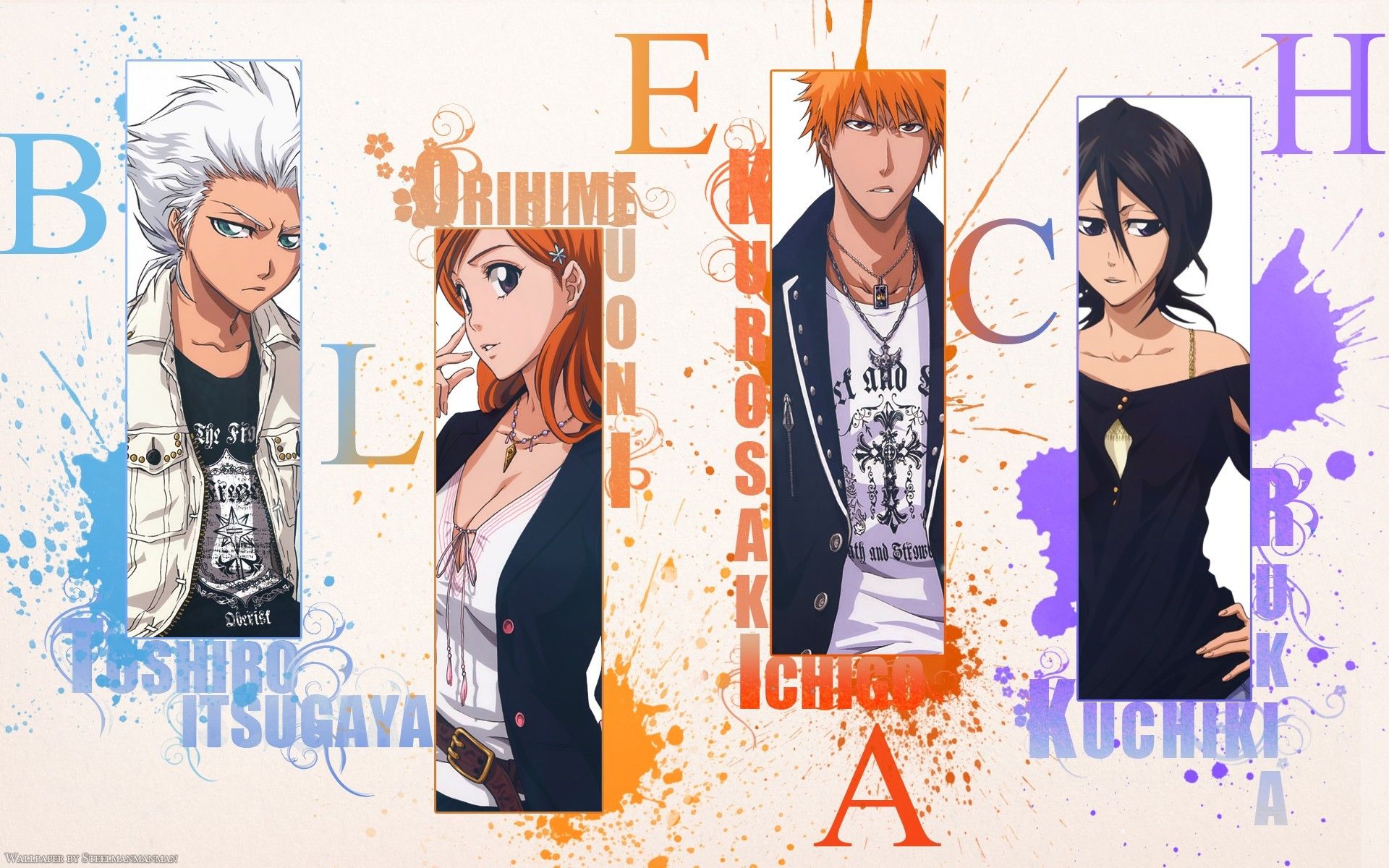 anime, Bleach, Kuchiki Rukia, Kurosaki Ichigo, Inoue Orihime, Hitsugaya Toshiro, Typography, Paint Splatter Wallpaper HD / Desktop and Mobile Background