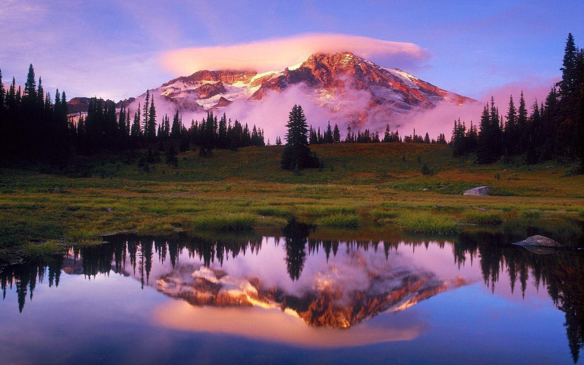 Mount Rainier Lake National Park Washington Us State Sunrise Spring Landscape Desktop HD Wallpaper, Wallpaper13.com