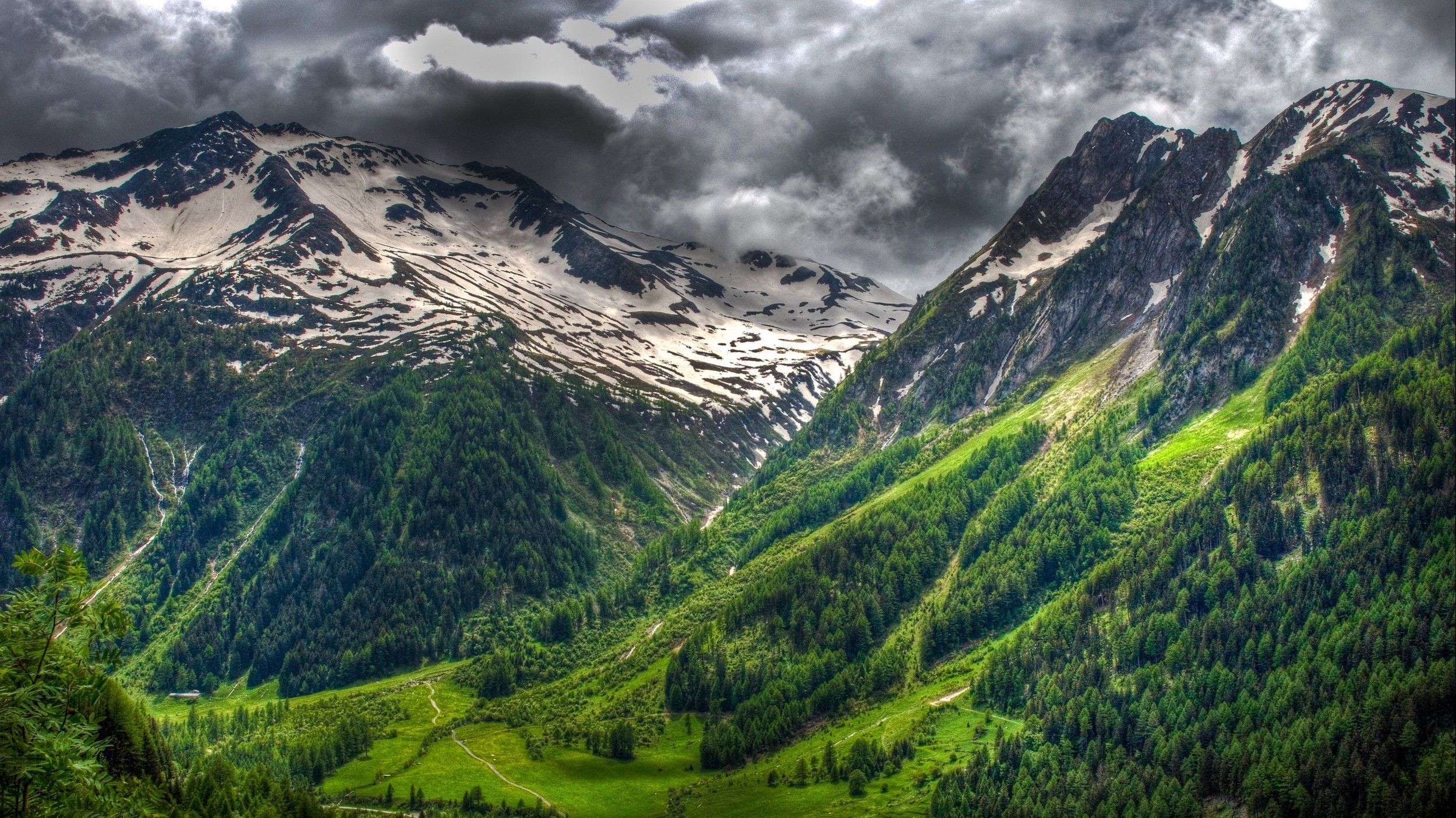 Wallpaper, 2500x1405 px, clouds, forest, green, landscape, nature, snowy peak, spring, Swiss Alps 2500x1405