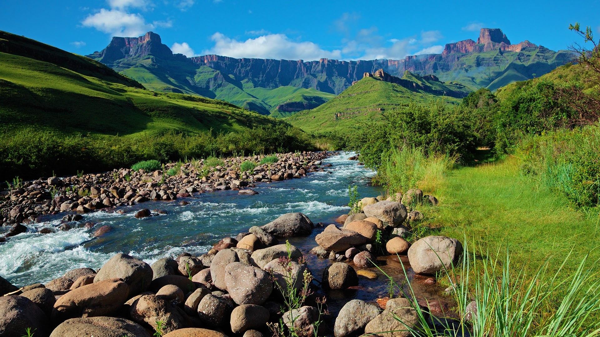 Wallpaper, nature, landscape, clouds, sky, mountains, rocks, grass, plants, spring, water, Royal Natal National Park, South Africa 1920x1080