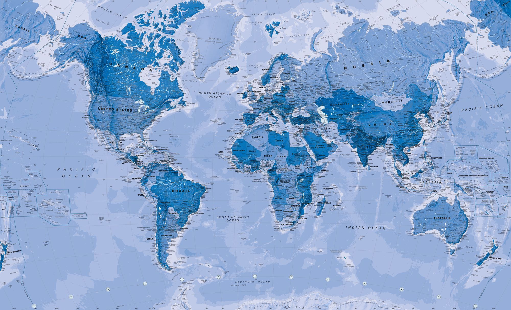 World Map Blue Wall Mural. Wallsauce US. World map wallpaper, Map murals, Blue aesthetic pastel