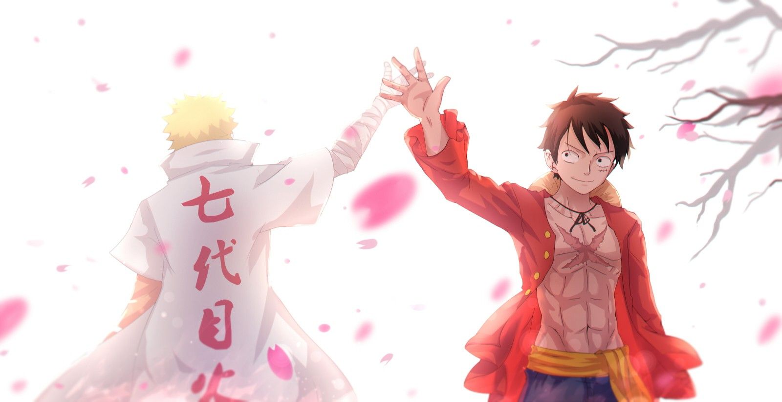 Wallpaper, illustration, anime, crossover, cartoon, Naruto Shippuuden, cherry blossom, Uzumaki Naruto, One Piece, Monkey D Luffy, pink, mangaka 1600x822