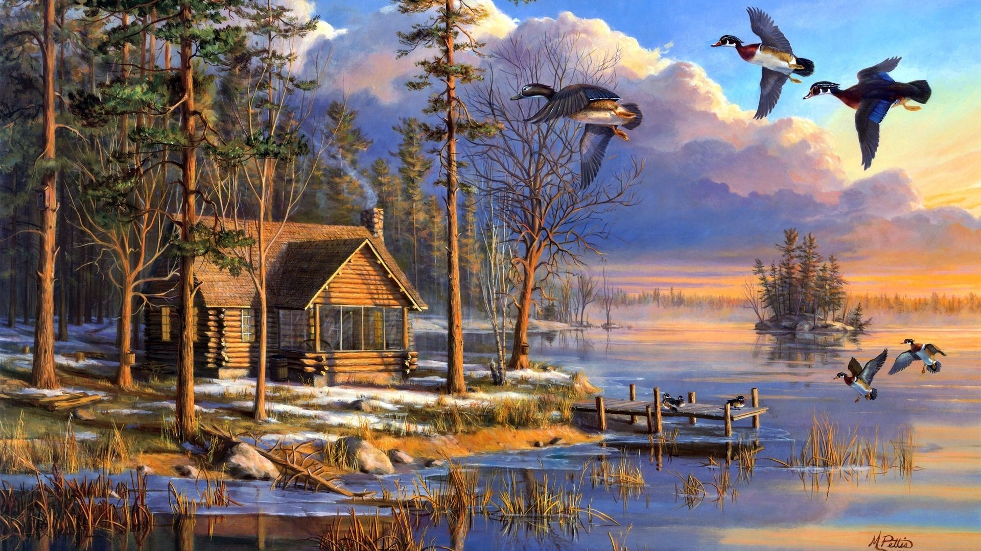 1920x1080 sunrise, mary pettis, Spring arrivals, flying, house, ducks, forest, painting, lake, spring