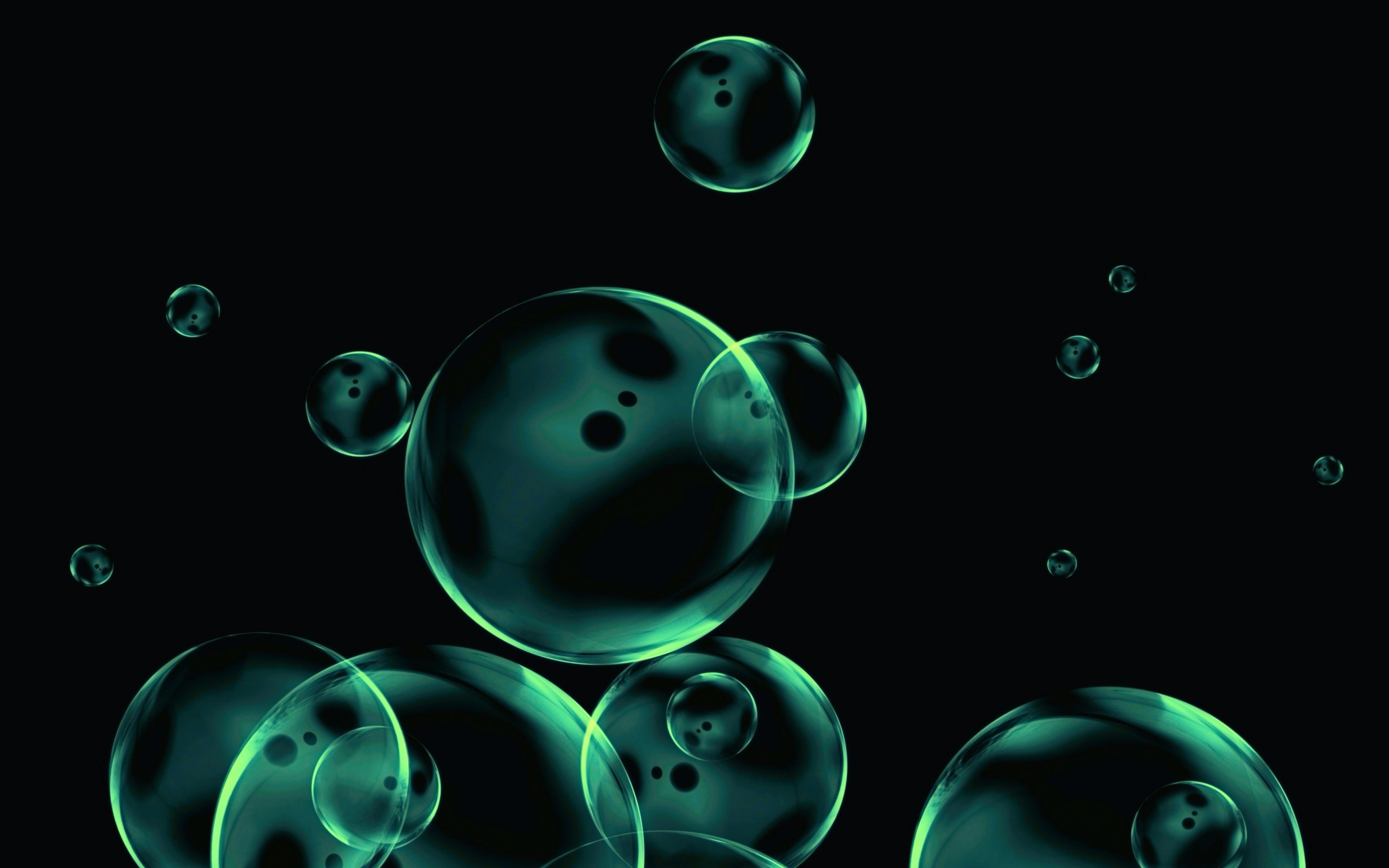 Wallpaper Dark Theme, Green Bubbles, Floating