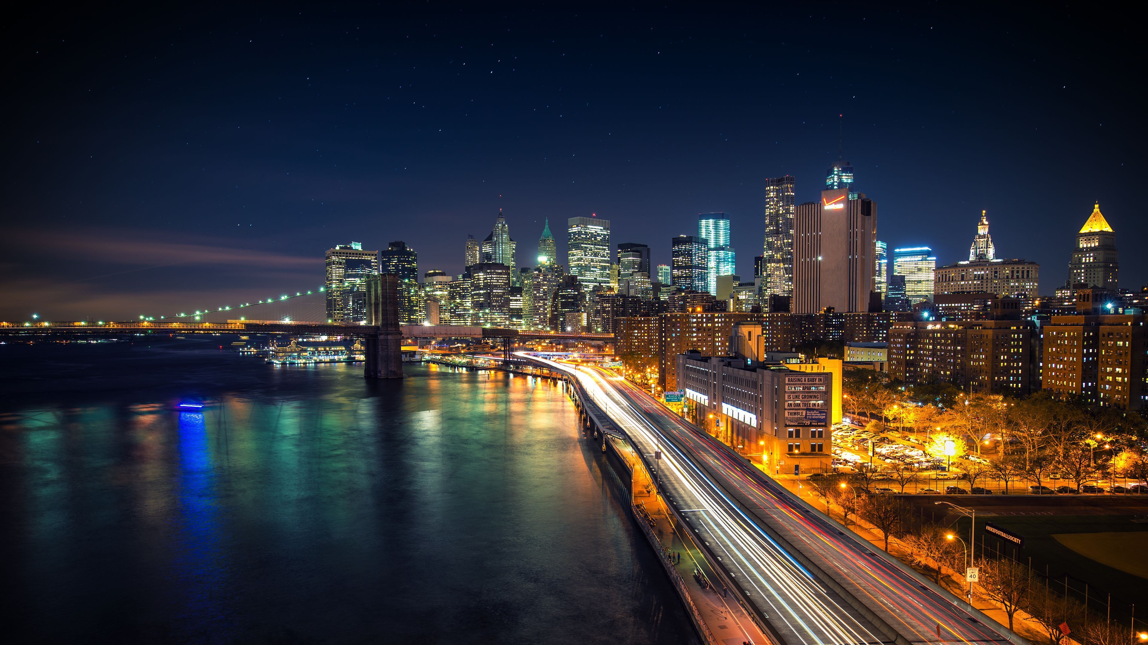 Brooklyn Bridge at Night Sky LightsK Wallpaper HD 4K
