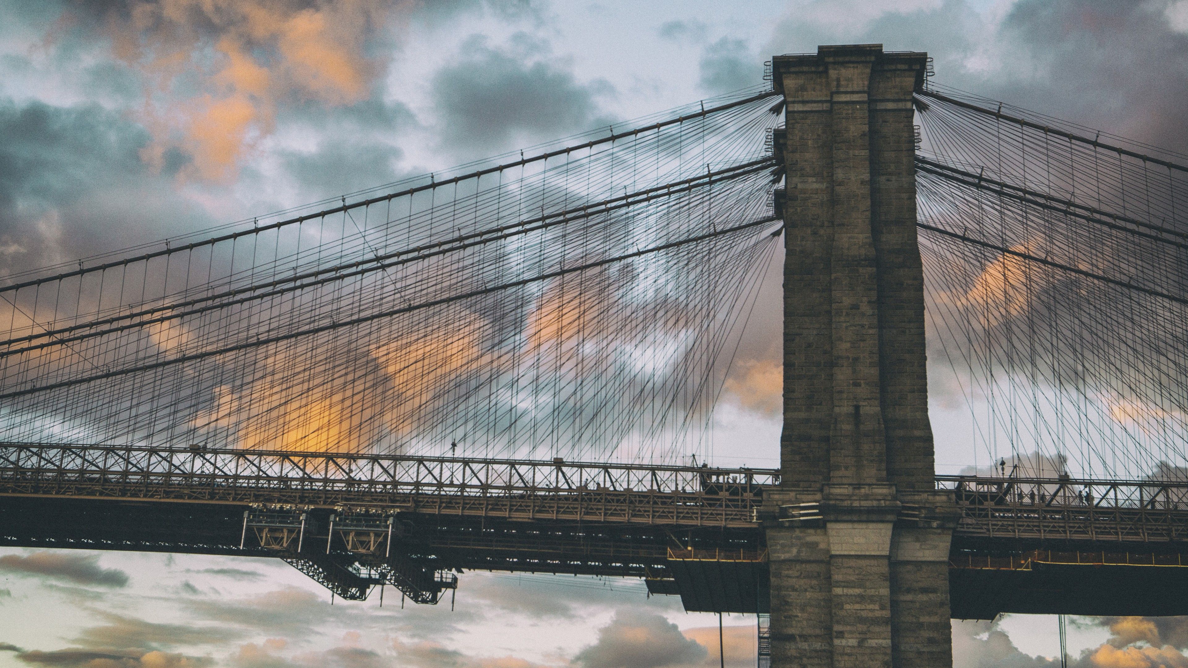 Wallpaper Brooklyn Bridge, New York, Dumbo in Brooklyn, clouds, sunset, Architecture