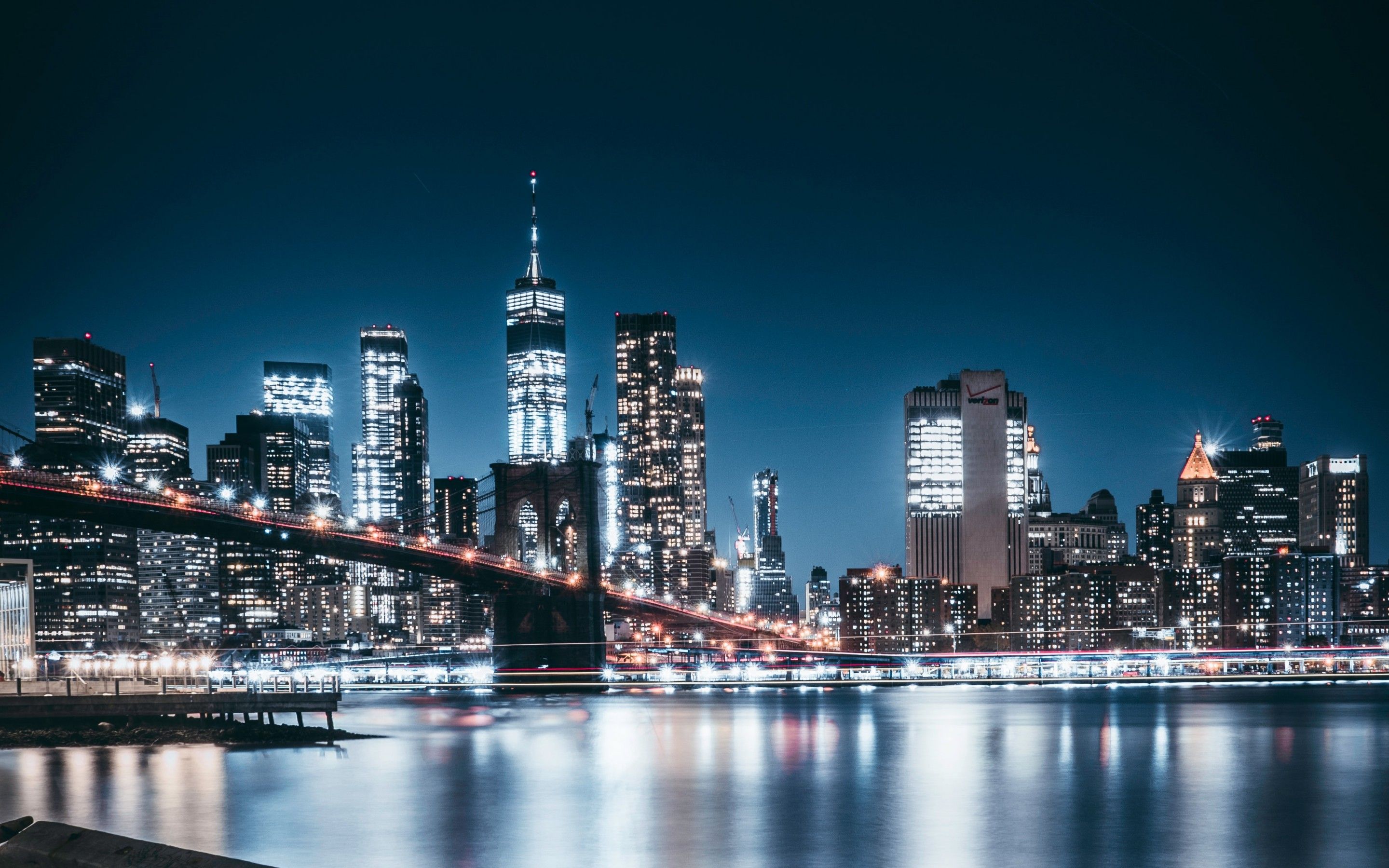 Brooklyn Bridge 4K Wallpaper, Night, City lights, Cityscape, Reflections, Brooklyn, New York, USA, World