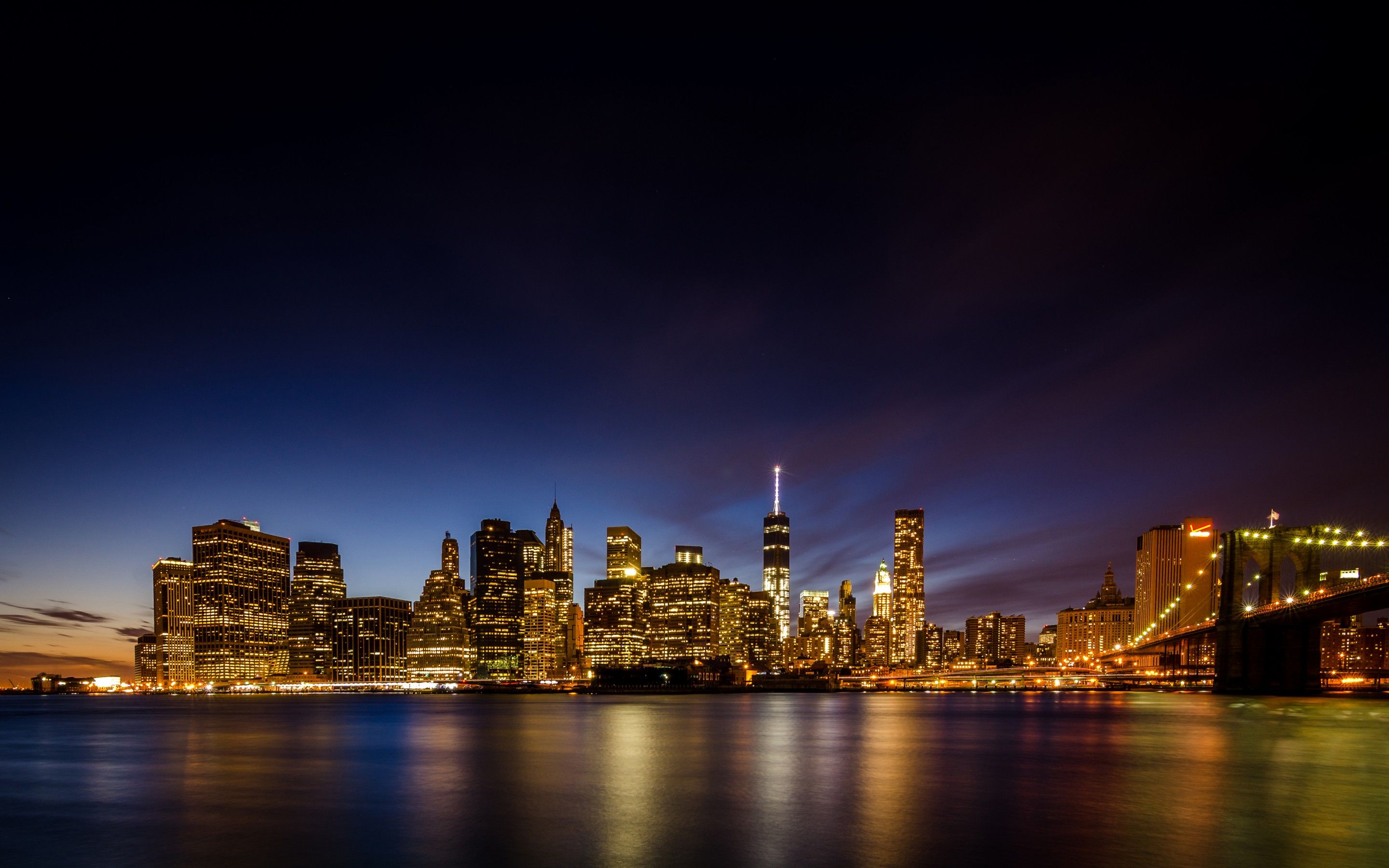 New York City 4K Wallpaper, Skyline, Brooklyn Bridge Park, Waterfront, Night time, Cityscape, World