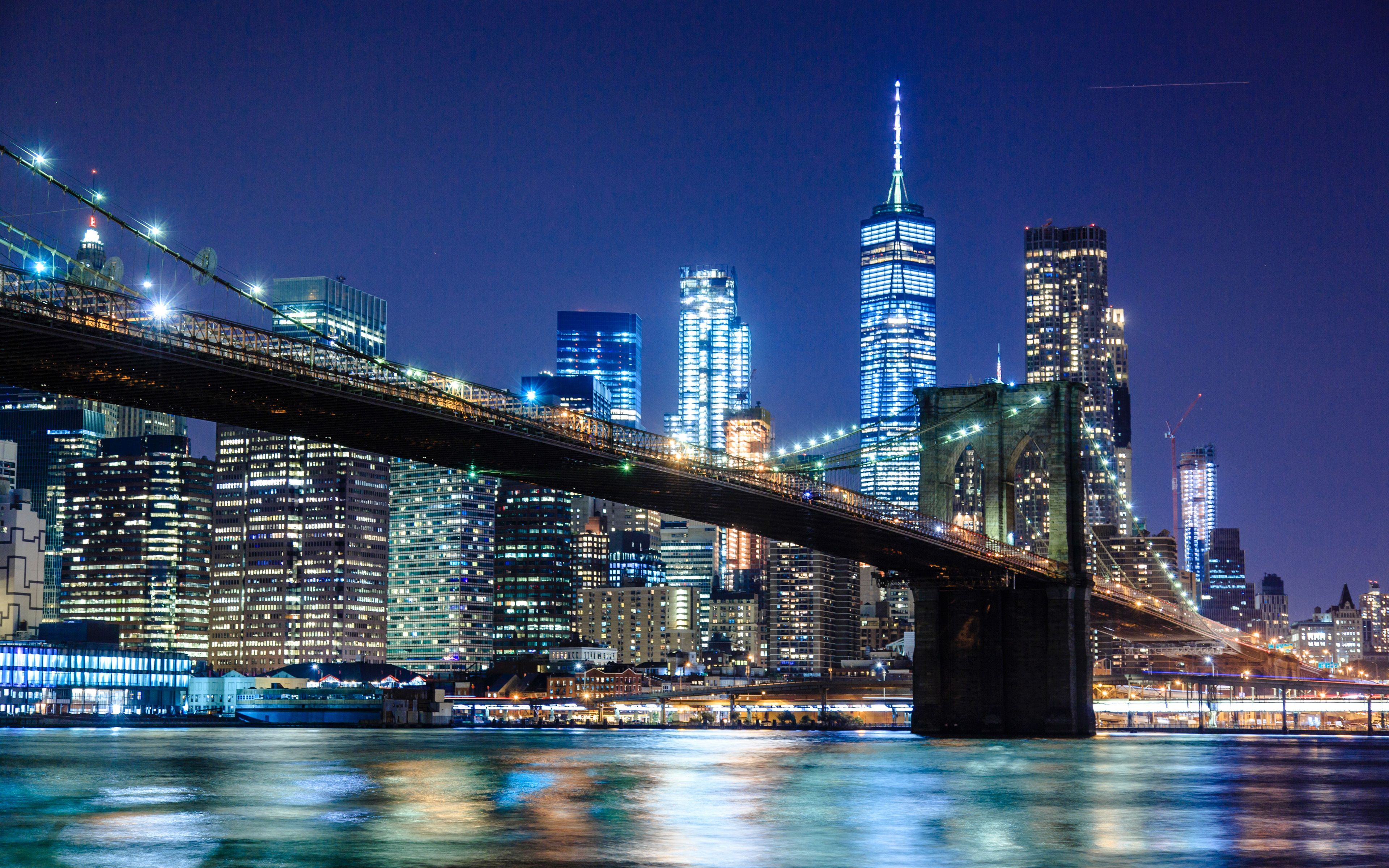 Download wallpaper 4k, Brooklyn Bridge, Empire State Building, nightscapes, New York, USA, american cities, Brooklyn Bridge at night, New York City, NYC, Cities of New York, America for desktop with resolution 3840x2400
