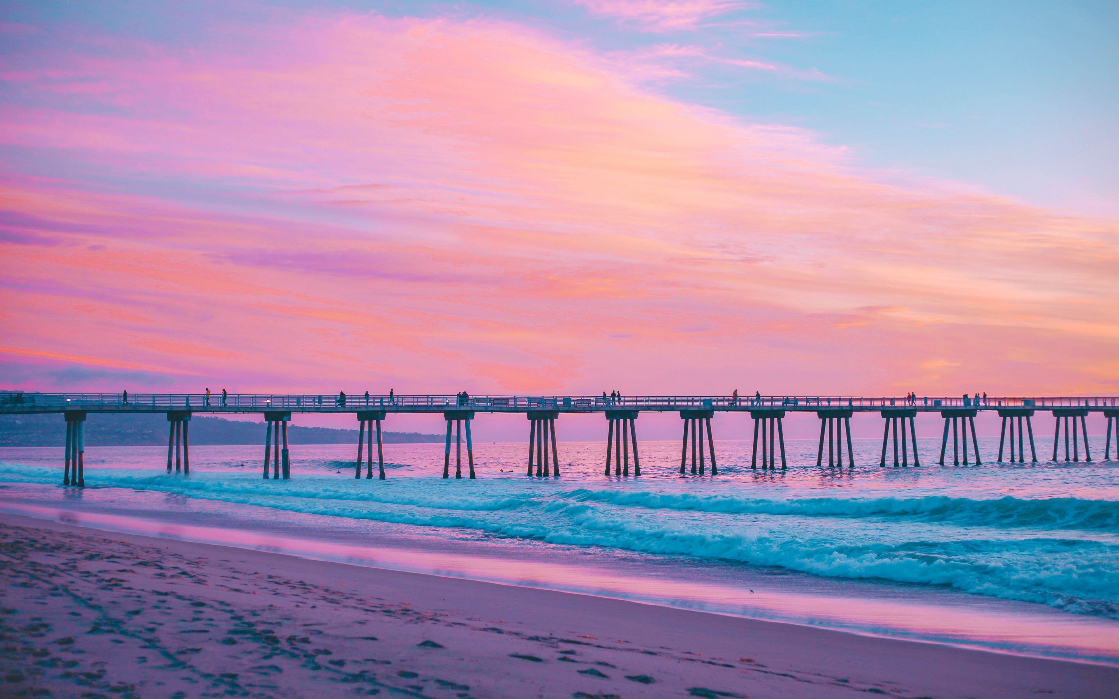 Download wallpaper 3840x2400 pier, sea, surf, pink, hermosa beach, california 4k ultra HD 16:10 HD background