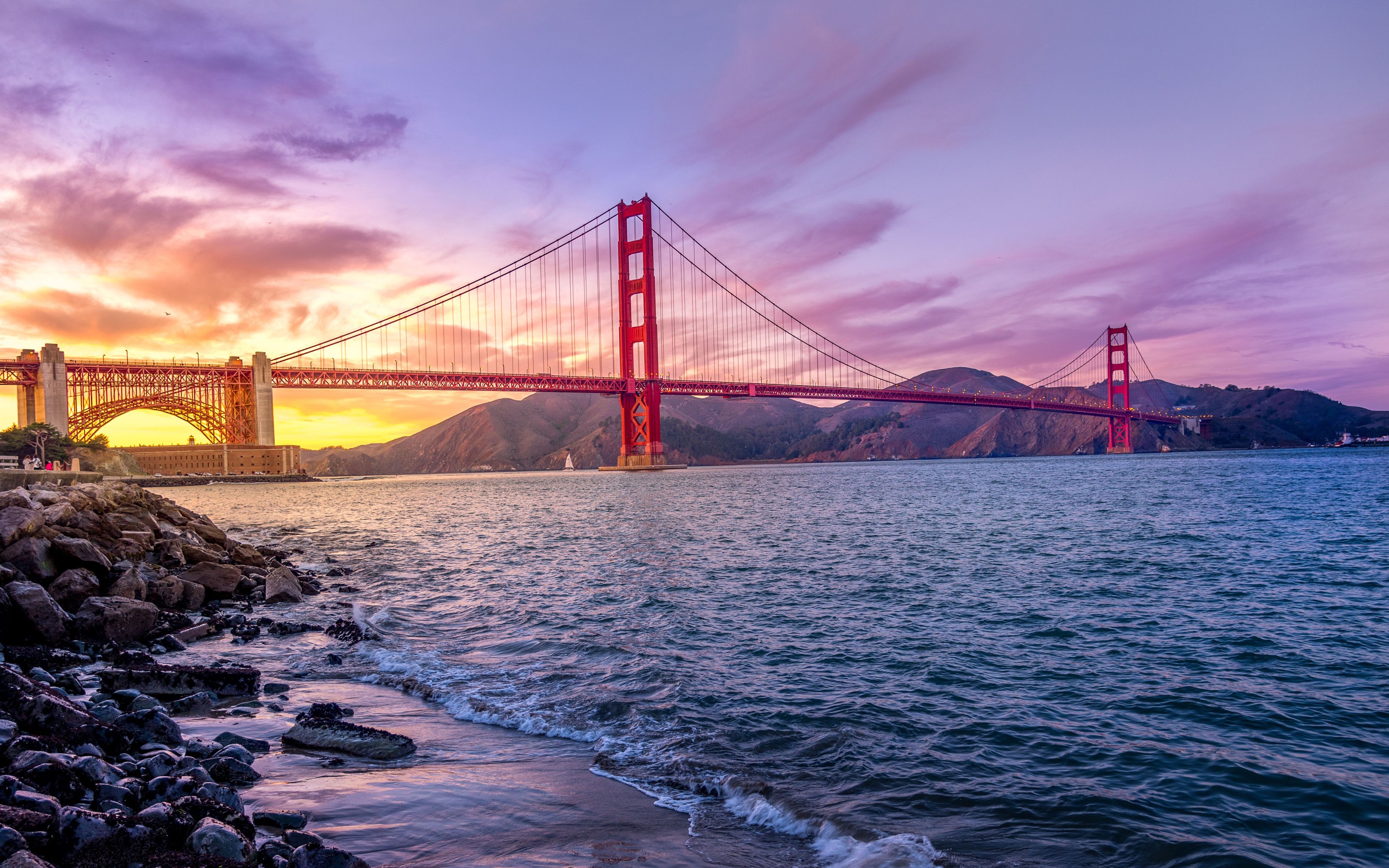 Download wallpaper Golden Gate Bridge, CA, 4k, suspension bridge, San Francisco, California, USA, Golden Gate Strait for desktop with resolution 3840x2400. High Quality HD picture wallpaper