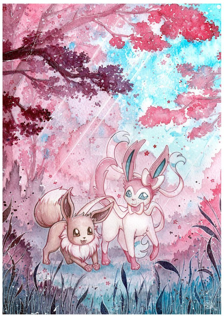 Eevee and Sylveon with cherry blossoms by LizTheFox. Cute pokemon wallpaper, Pokemon eevee, Pokemon fan art