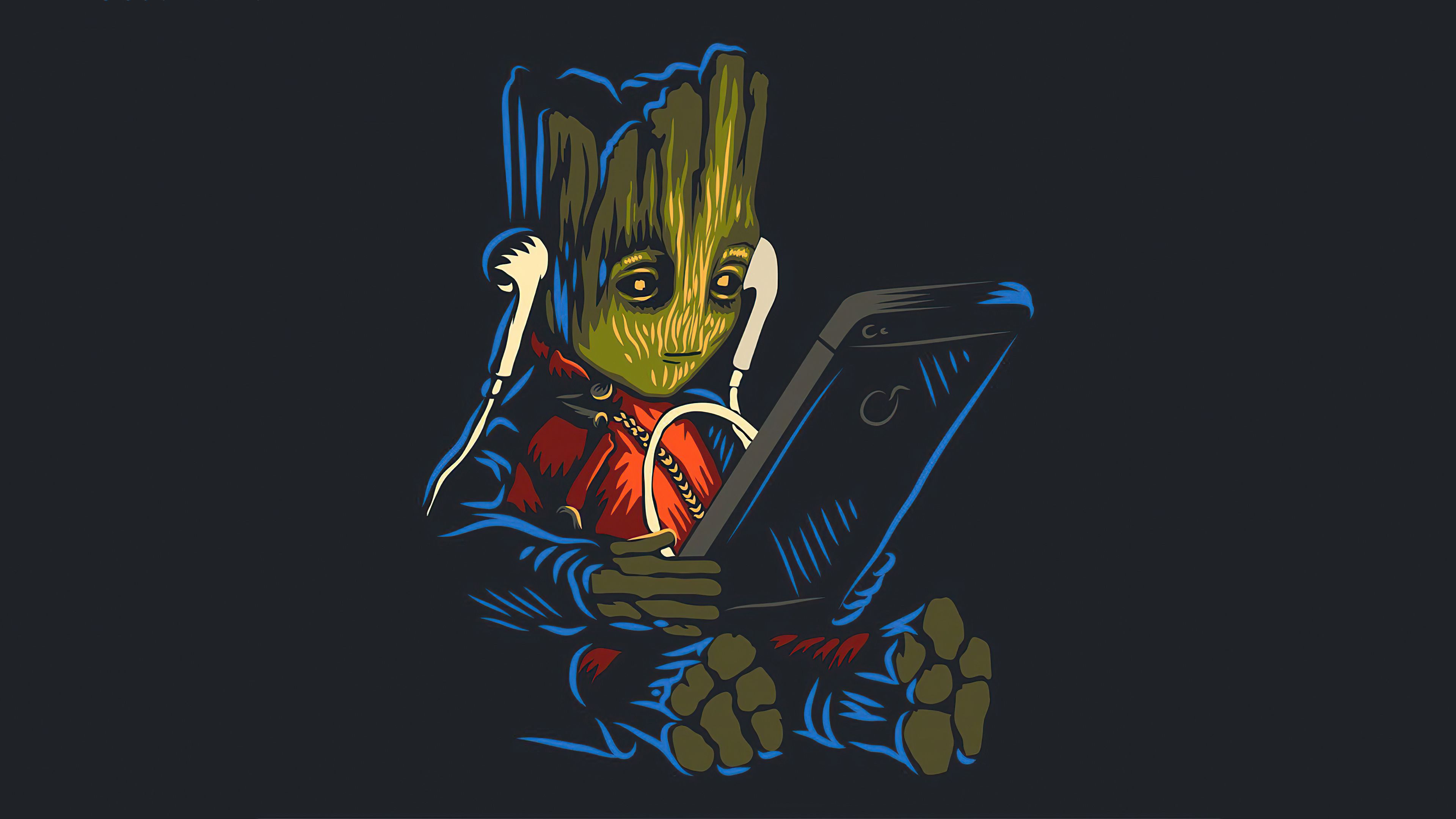 Baby Groot listening to music Wallpaper 4k Ultra HD