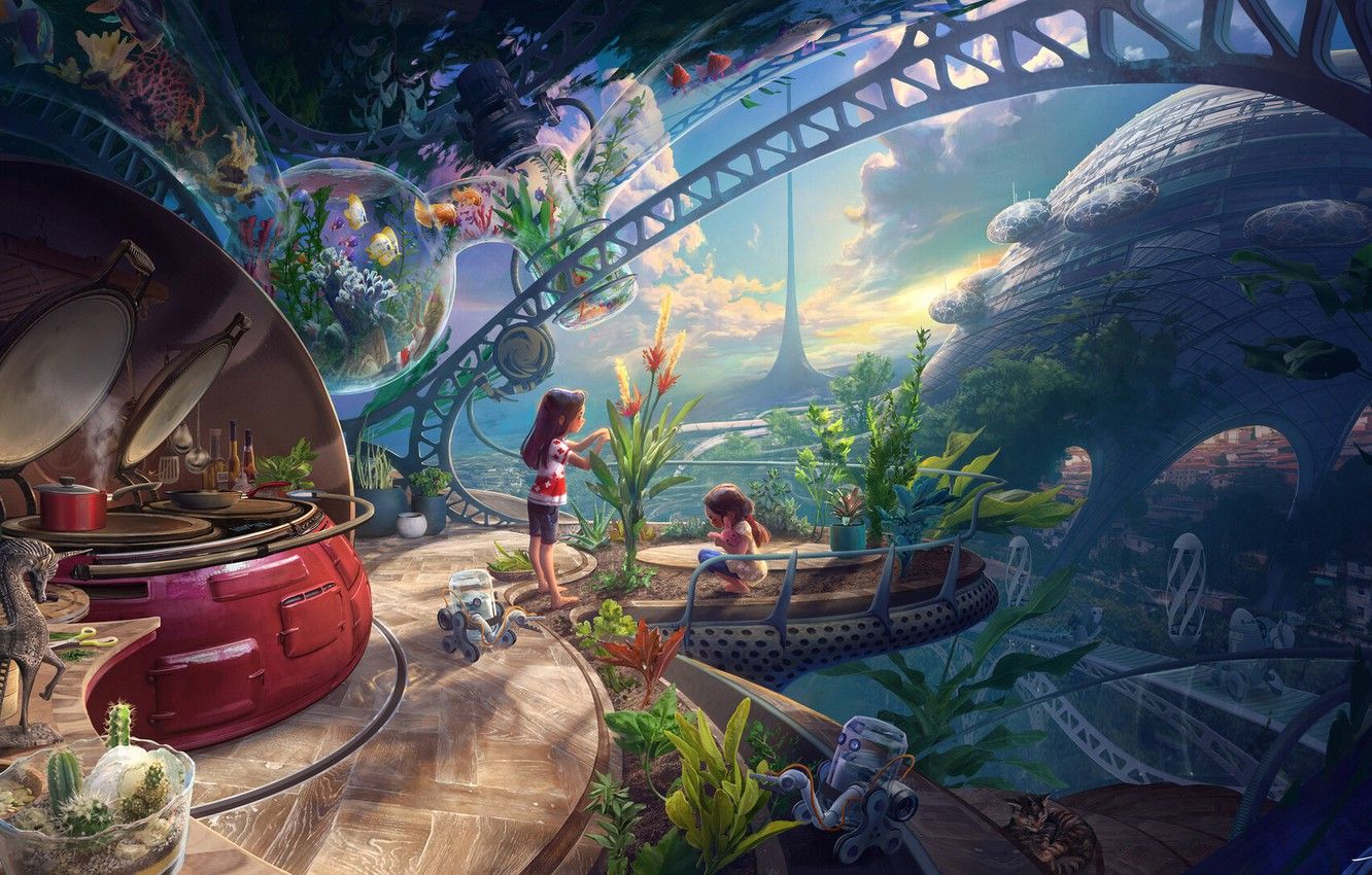 Wallpaper children, house, 40 years in the future, environmental damage, Inner child image for desktop, section рендеринг