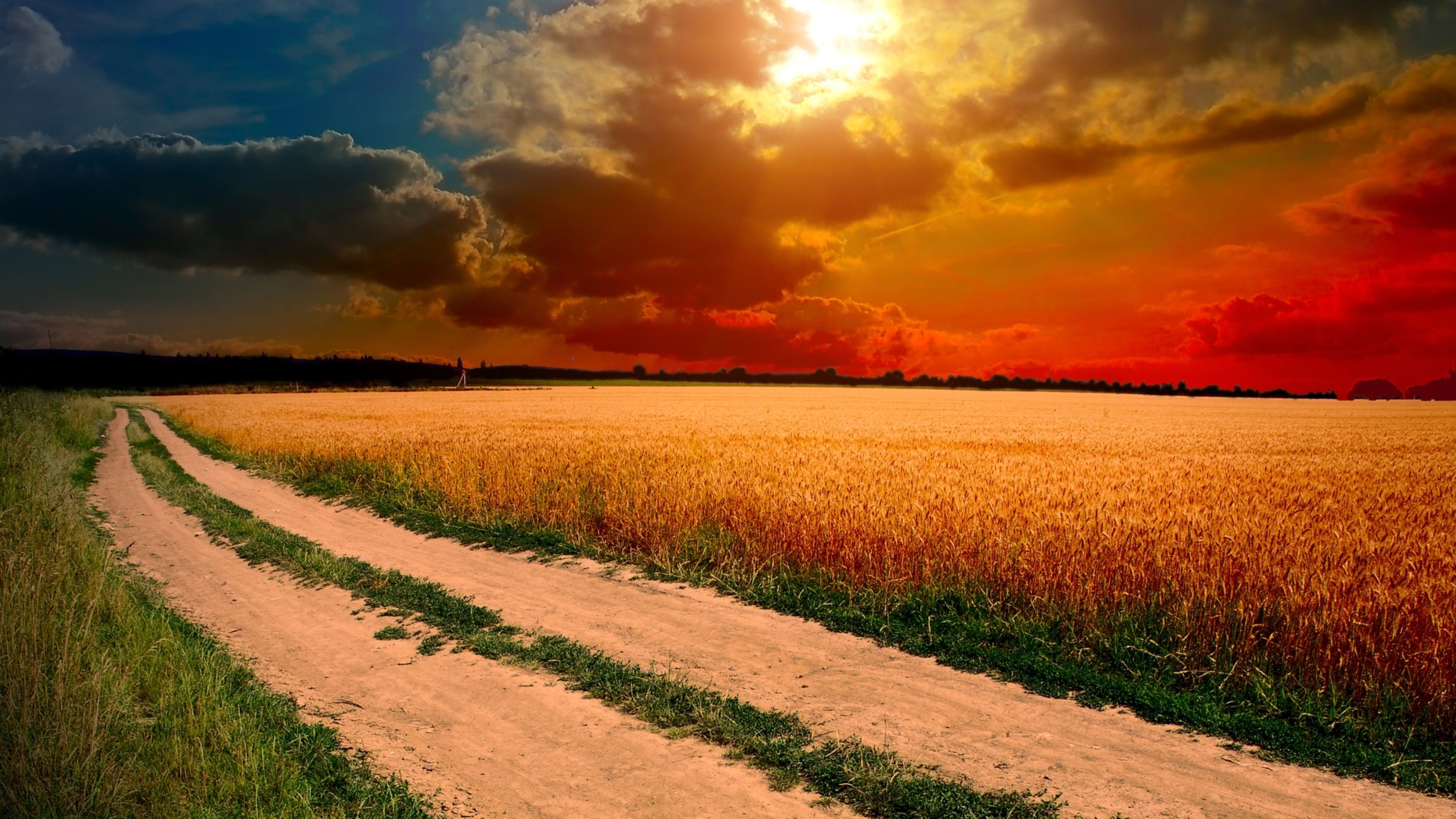 Village Road Field With Mature Wheat Horizon Sunset Sky With Dark Red Clouds HD Wallpaper Free Download 3840x2160, Wallpaper13.com