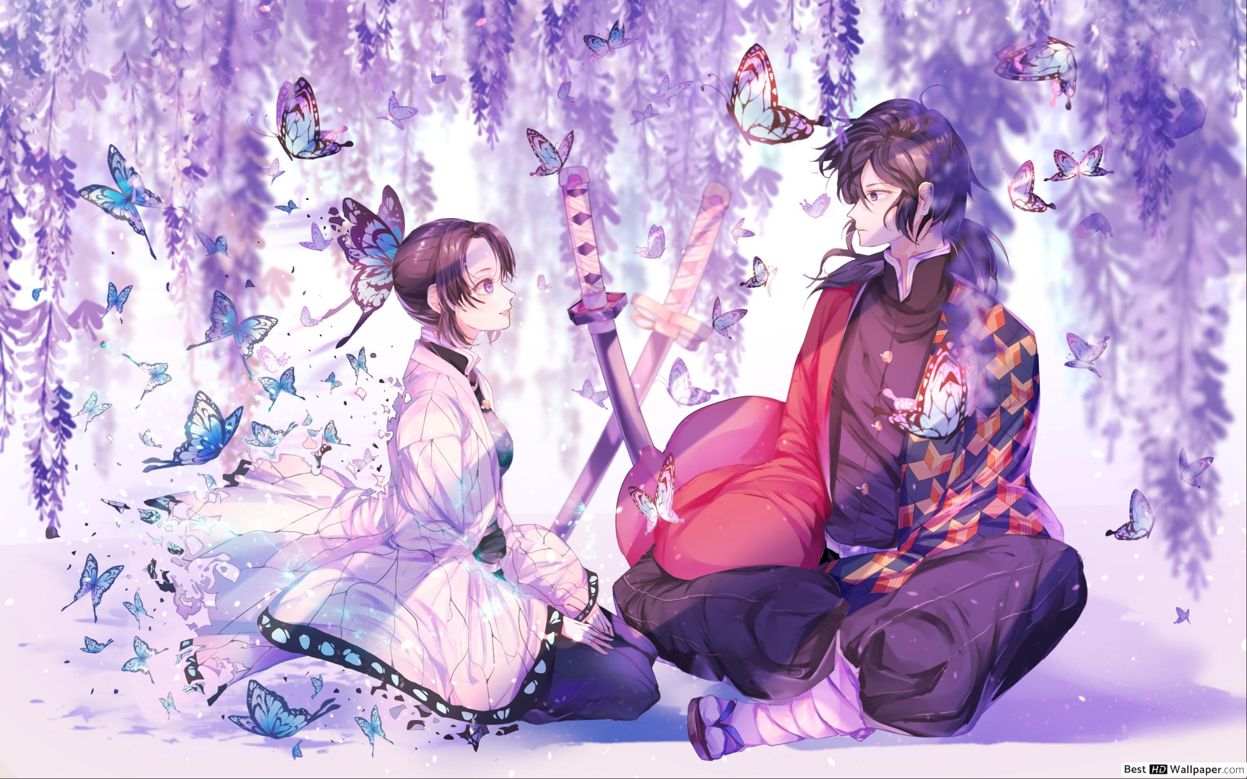 Hashira's Shinobu and Giyu with purple Wisteria and butterflies background HD wallpaper download