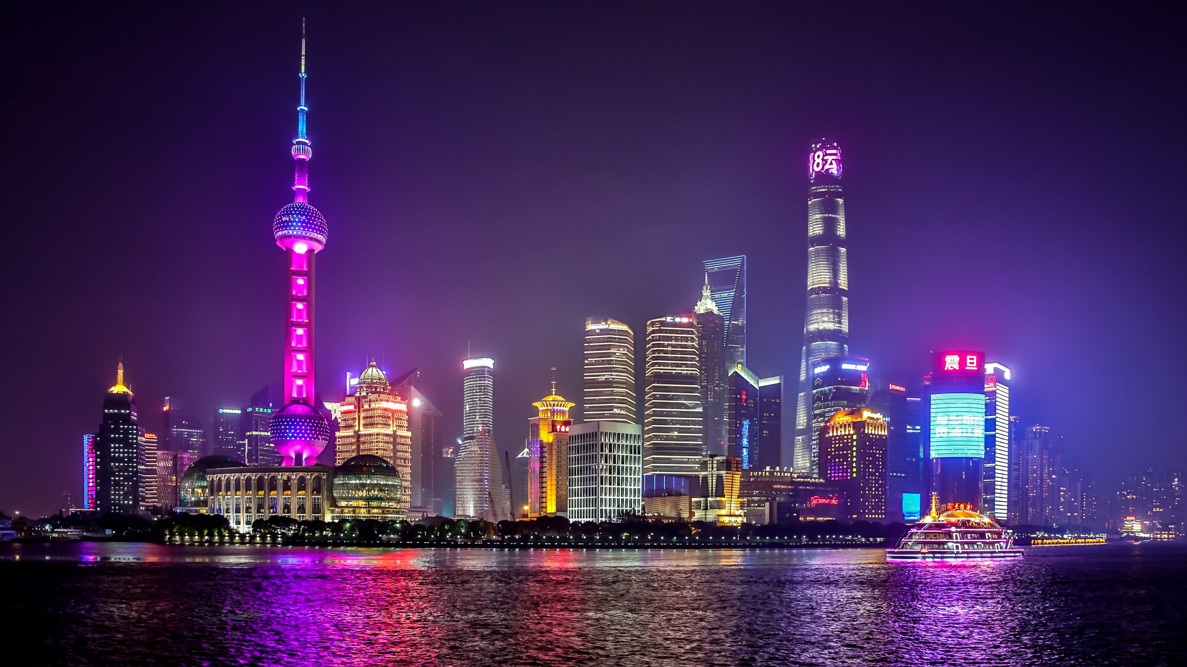 Shanghai City 4K Wallpaper, Body of Water, Reflection, Skyscrapers, Night life, Cityscape, Lights, World